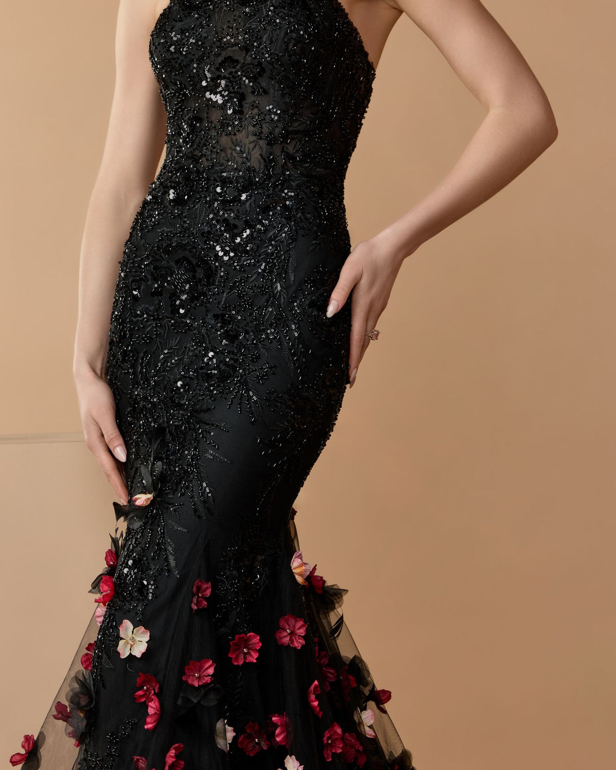Black Multi Strapless Embellished Mermaid Gown With 3D Floral Hem - Mac Duggal