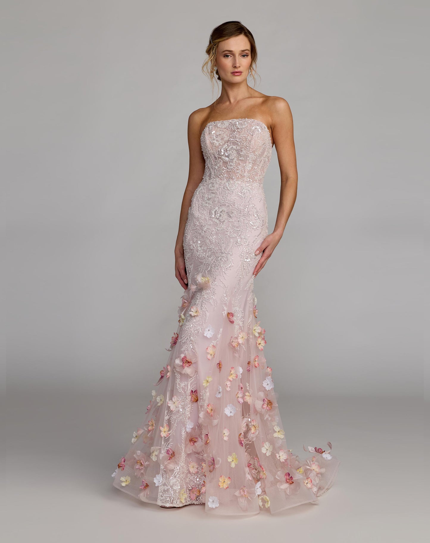 White Strapless Embroidery Mermaid Gown With 3D Flowers Mac Duggal