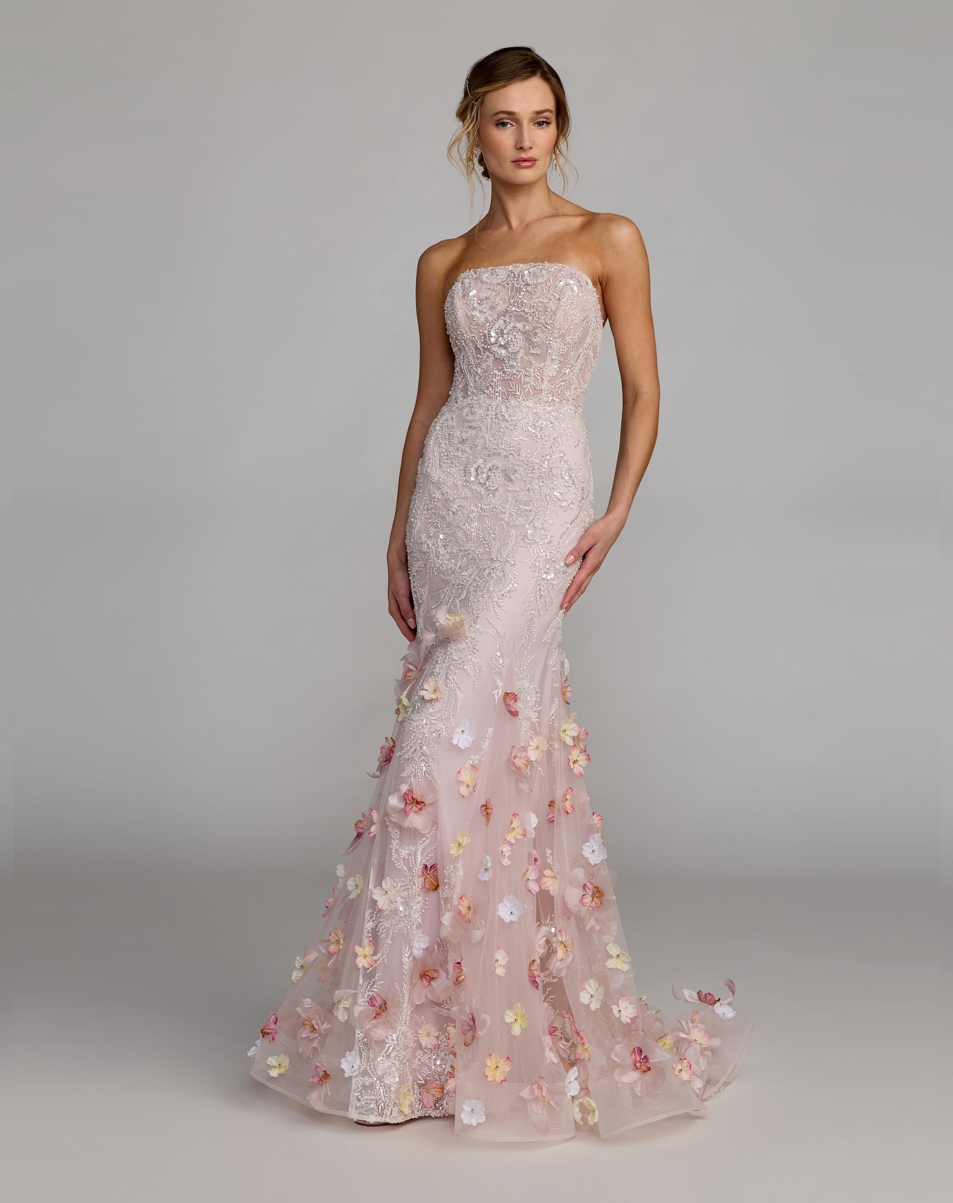 White Strapless Embroidery Mermaid Gown With 3D Flowers Mac Duggal