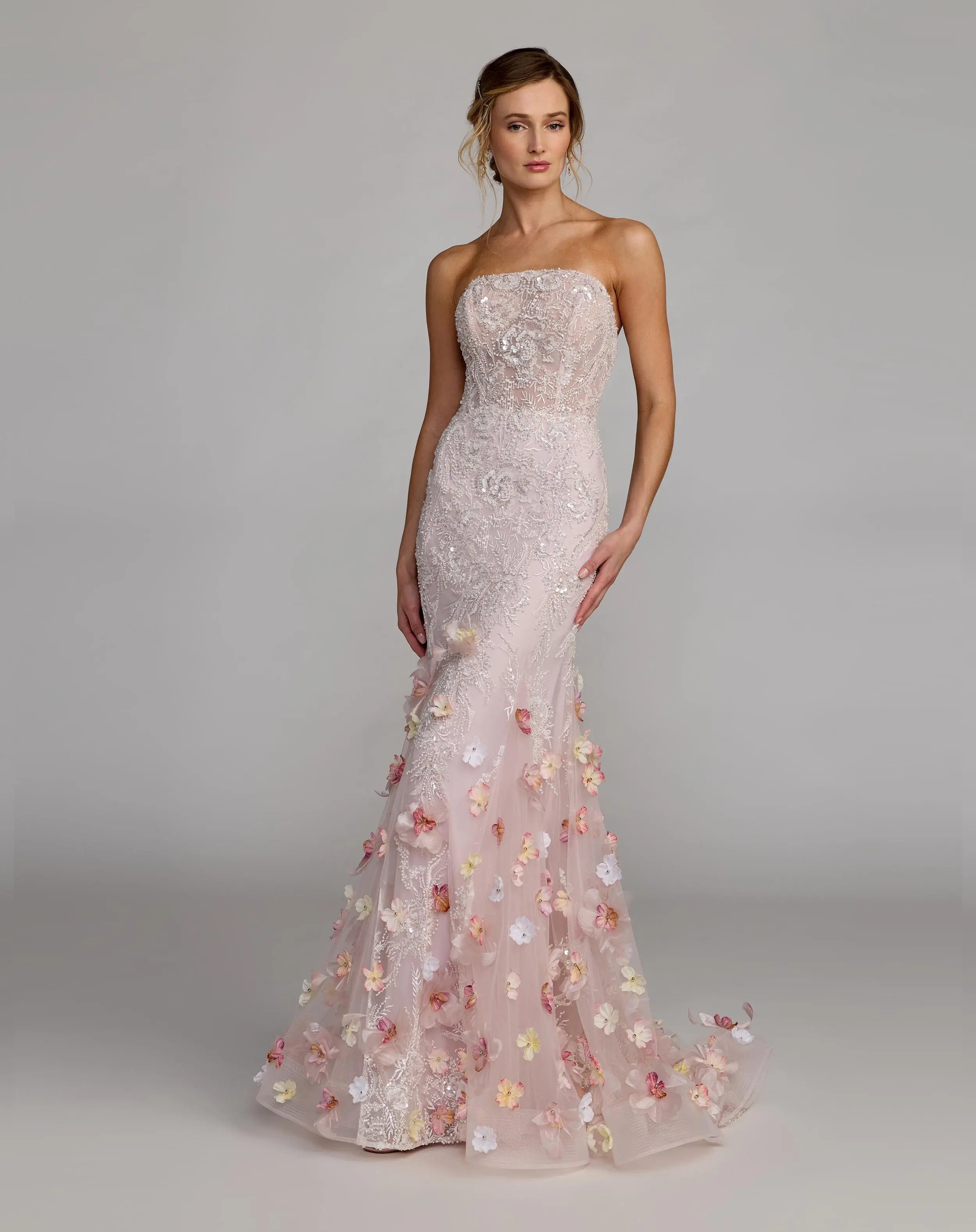 White Strapless Embroidery Mermaid Gown With 3D Flowers Mac Duggal