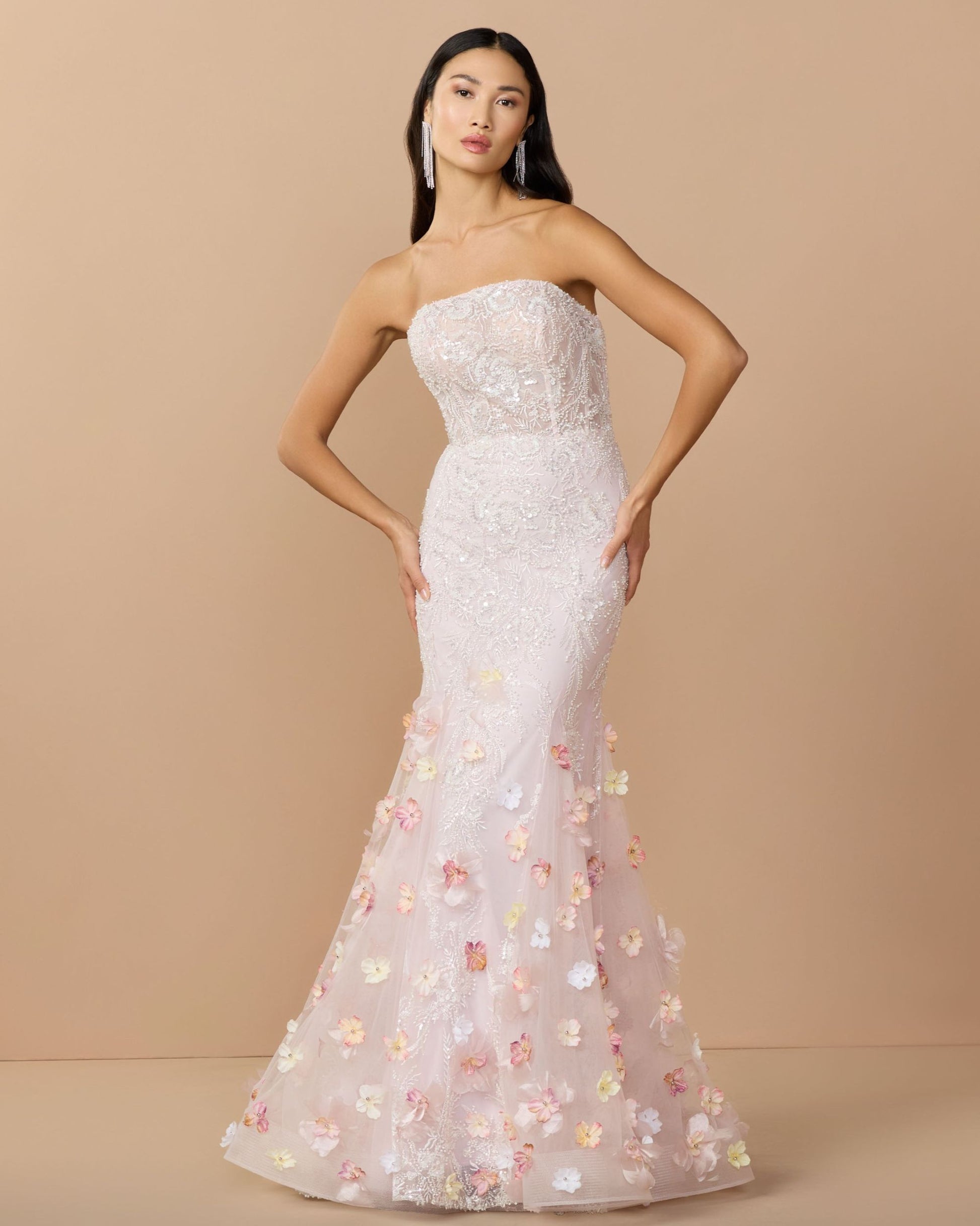 White Strapless Embroidery Mermaid Gown With 3D Flowers Mac Duggal