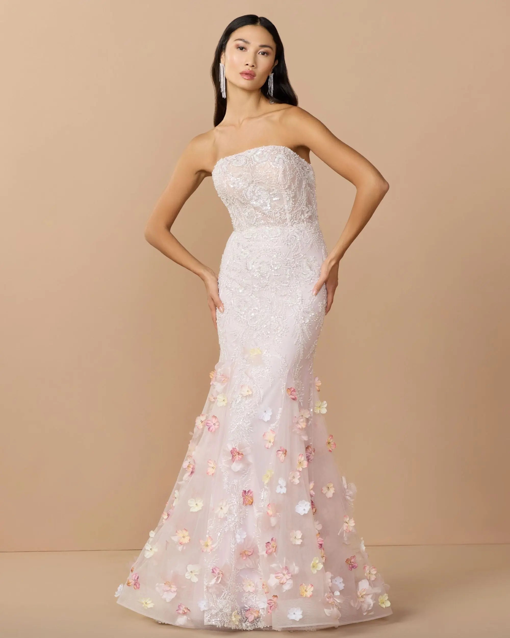 White Strapless Embroidery Mermaid Gown With 3D Flowers Mac Duggal