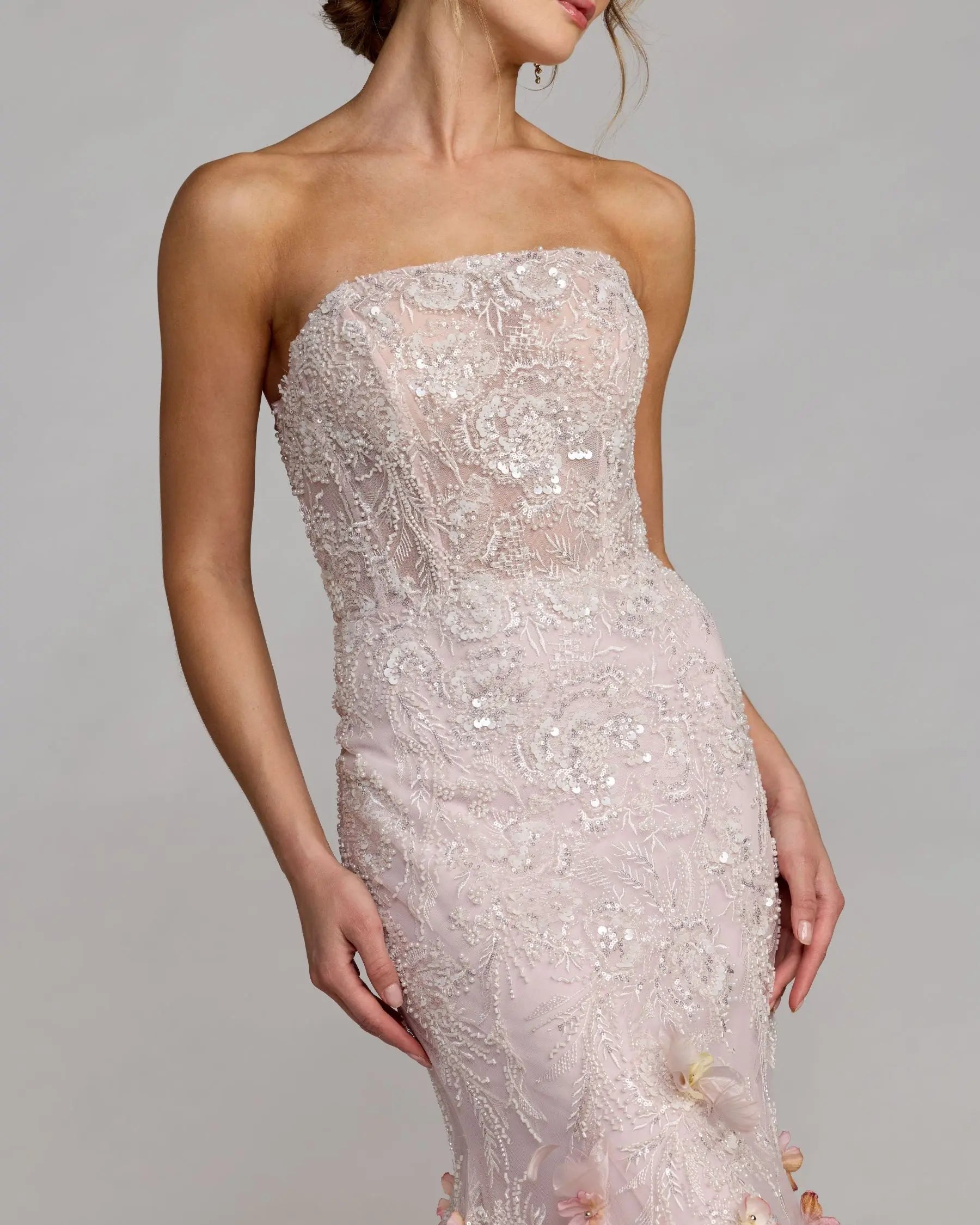 mermaid wedding dress pink Pink Strapless Embellished Mermaid Gown With 3D Floral Hem