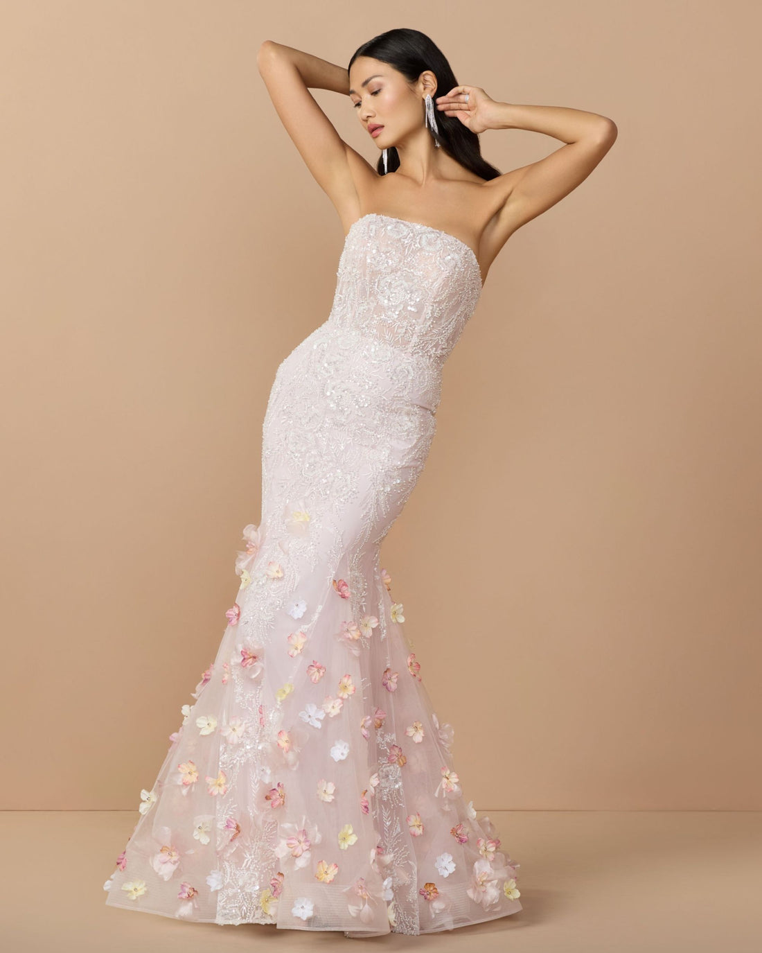 White Strapless Embroidery Mermaid Gown With 3D Flowers Mac Duggal