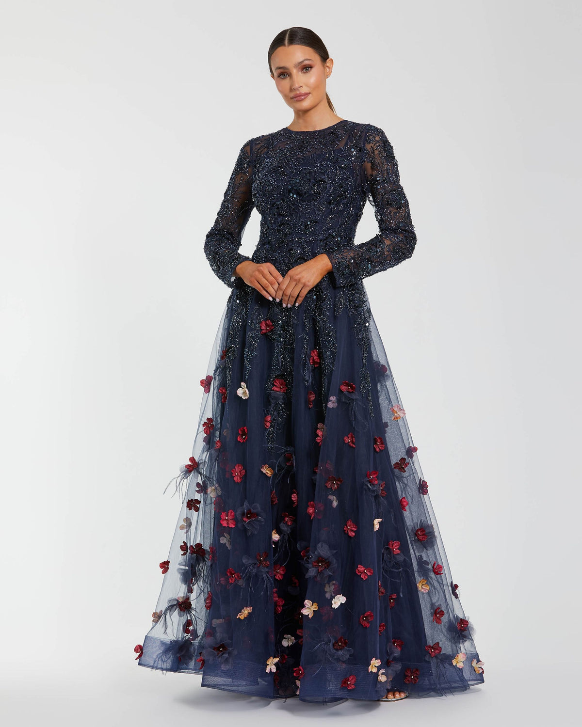Midnight Multi Beaded Floral A Line Gown With Feathers - Mac Duggal