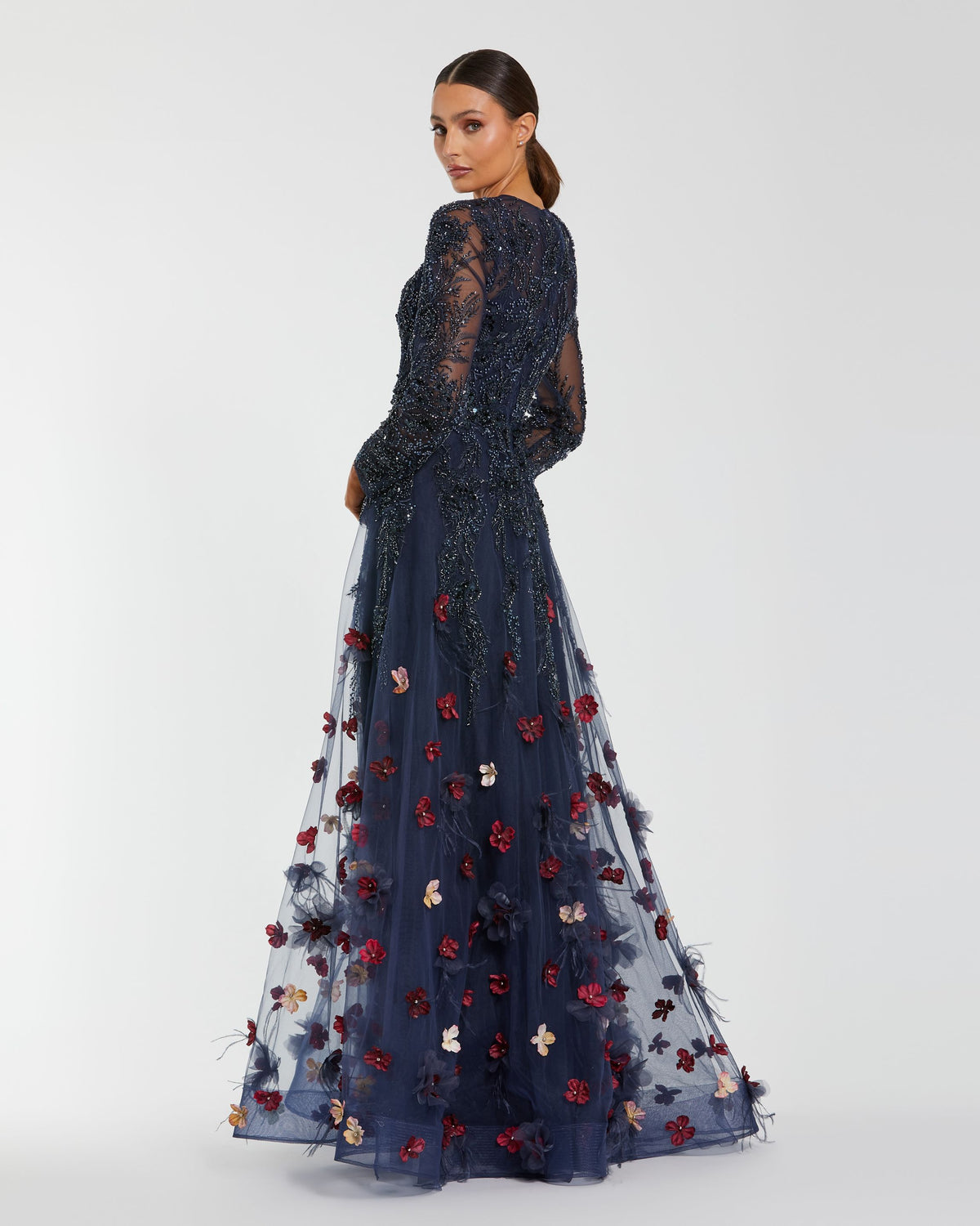 Midnight Multi Beaded Floral A Line Gown With Feathers - Mac Duggal