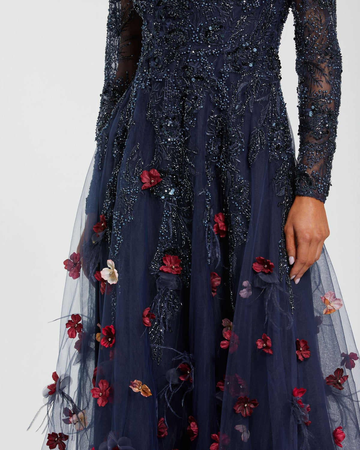 Midnight Multi Beaded Floral A Line Gown With Feathers - Mac Duggal
