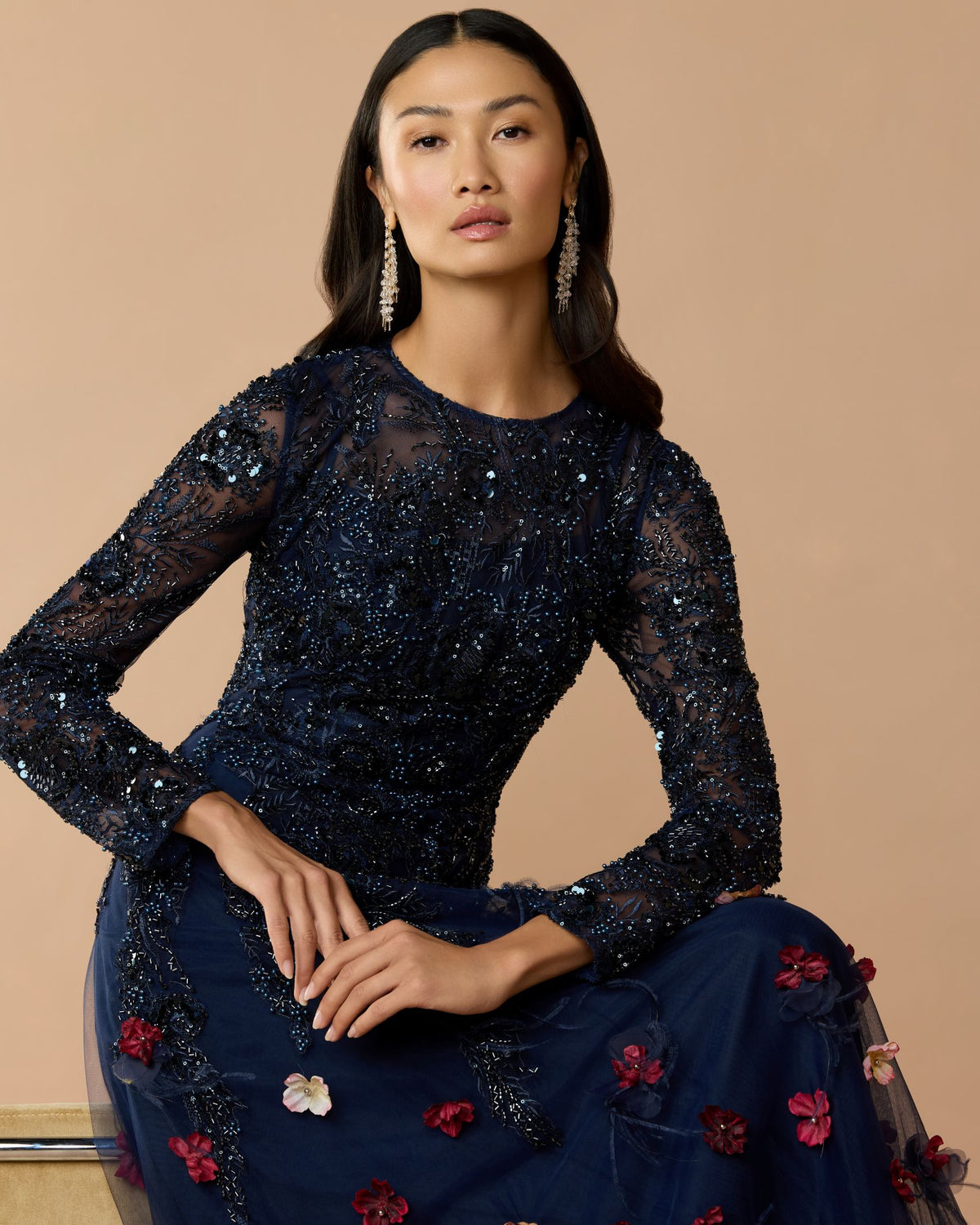 Midnight Multi Beaded Floral A Line Gown With Feathers - Mac Duggal