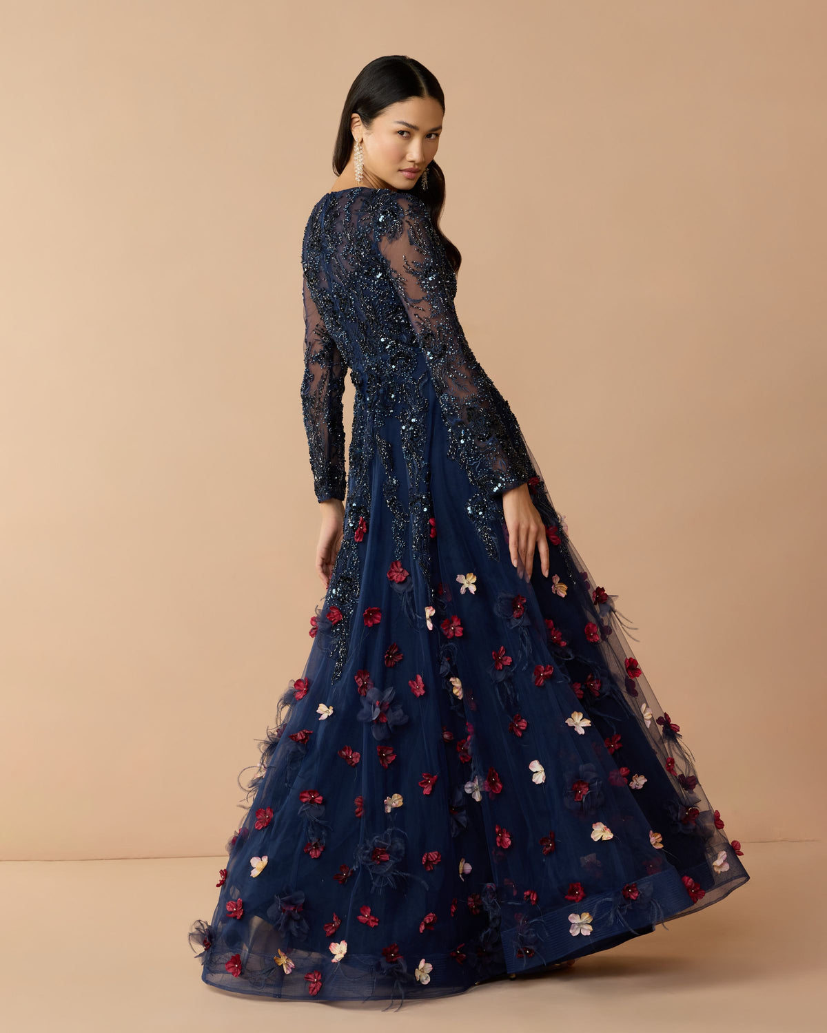 Midnight Multi Beaded Floral A Line Gown With Feathers - Mac Duggal