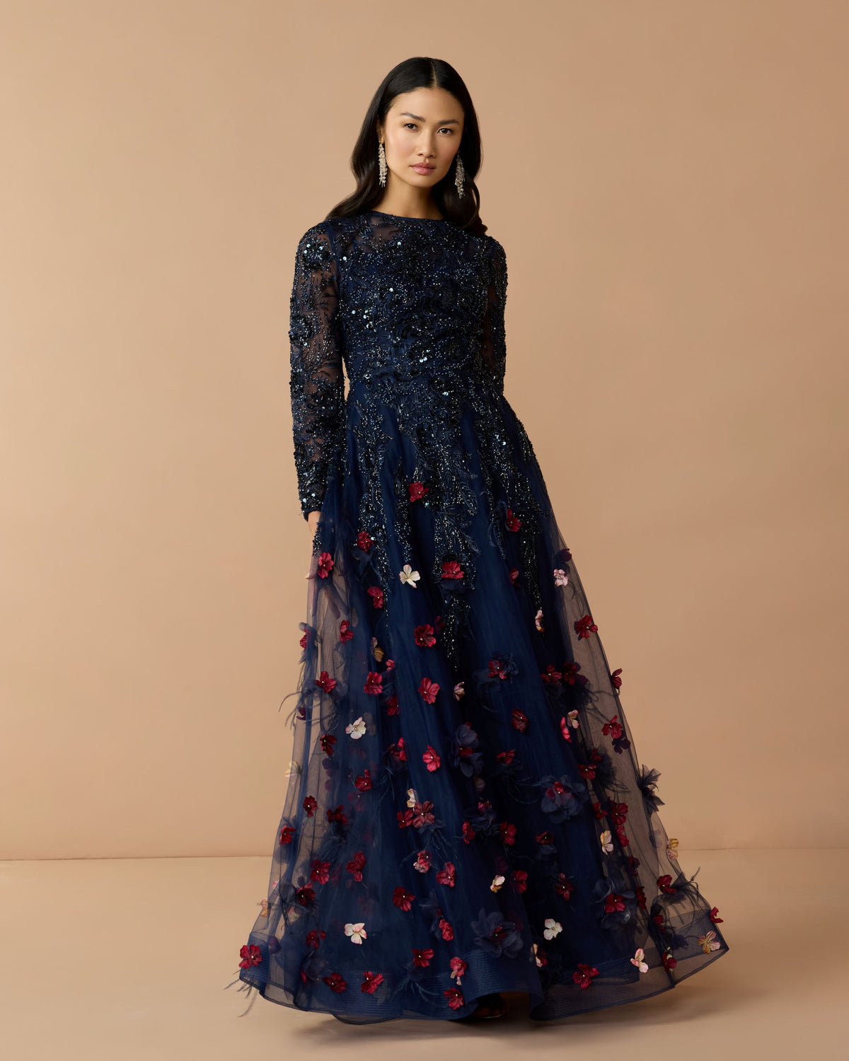 Midnight Multi Beaded Floral A Line Gown With Feathers - Mac Duggal