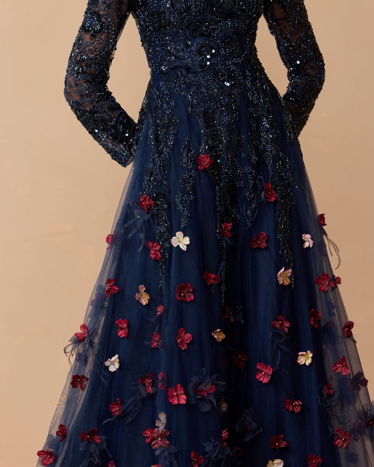 Midnight Multi Beaded Floral A Line Gown With Feathers - Mac Duggal