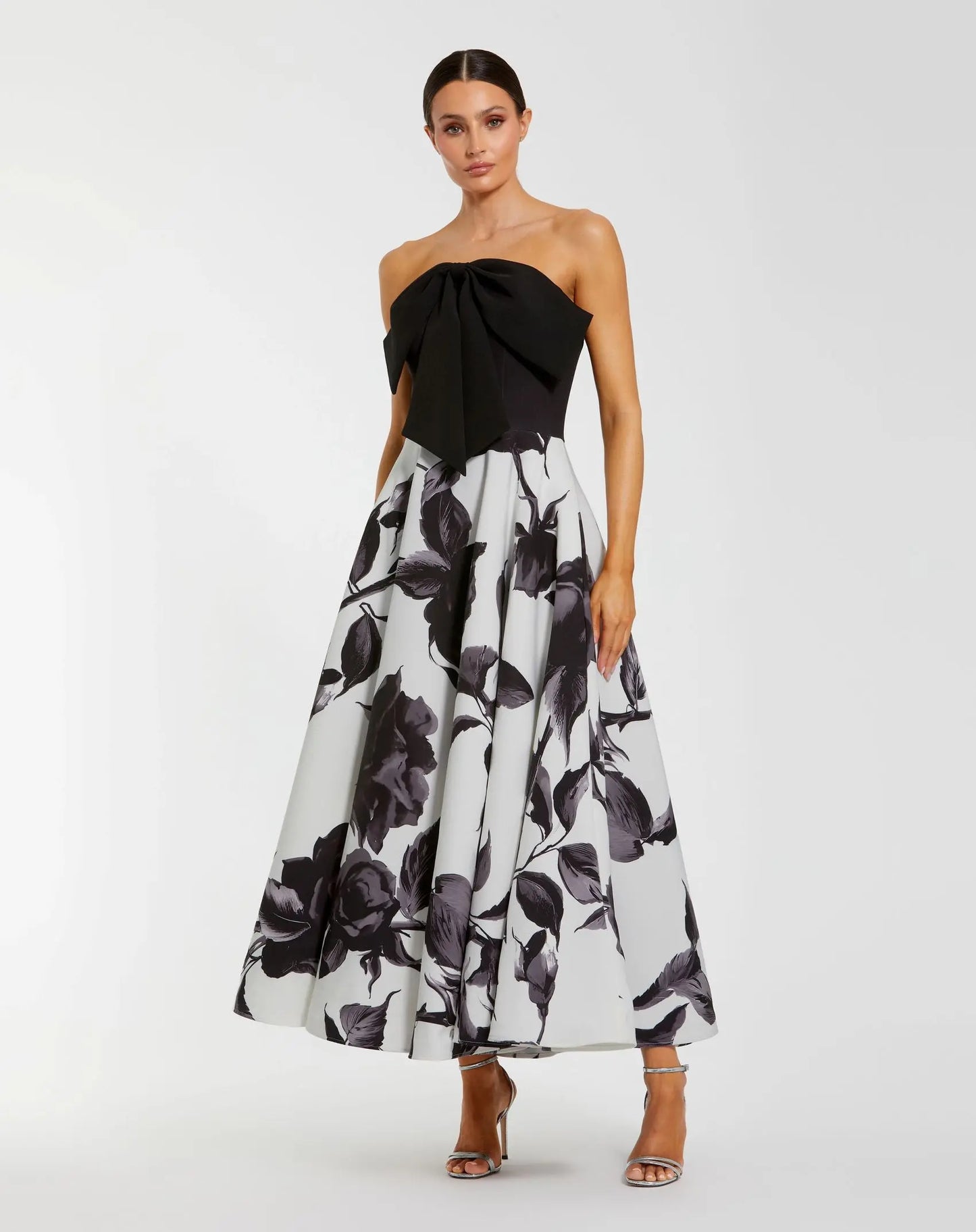 Black and Gray Floral Strapless Midi Dress With Bow Ieena for Mac Duggal