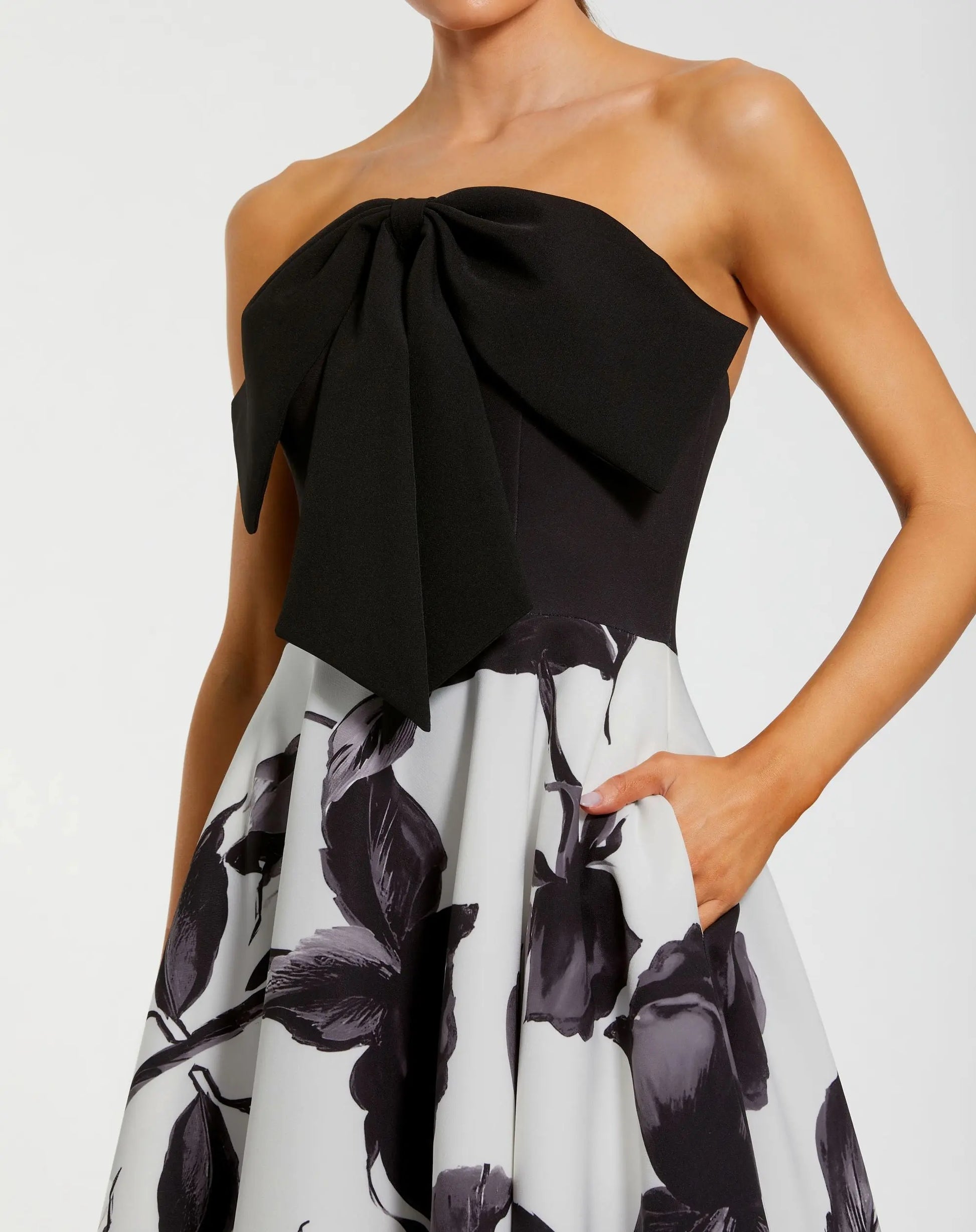 Mac Duggal Floral Print Strapless Midi Dress With Bow - Black Multi Mac Duggal Floral Print Strapless Midi Dress With Bow - Black Multi