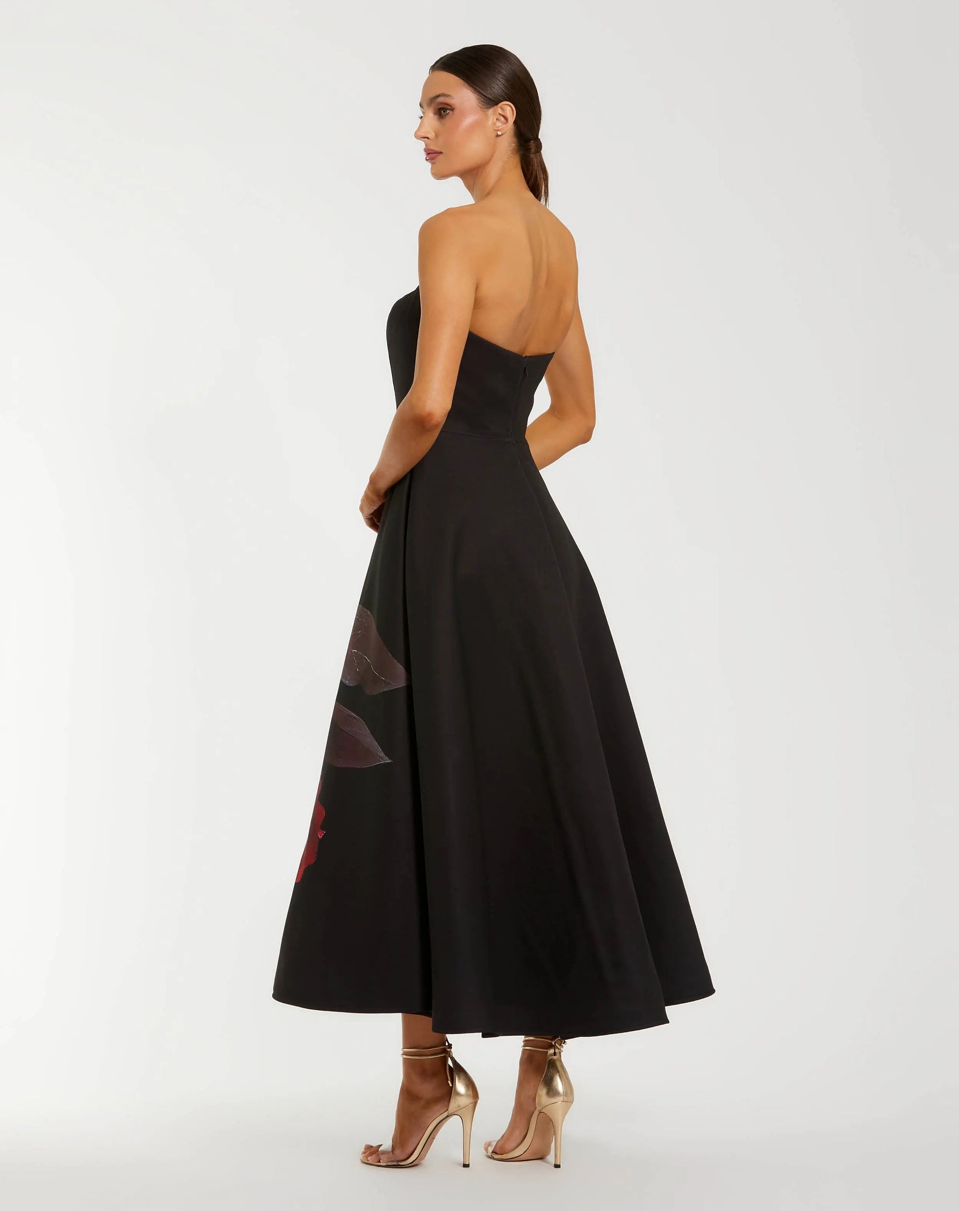 Black Satin Printed Strapless Midi Dress With Pockets | Mac Duggal Black Satin Printed Strapless Midi Dress With Pockets | Mac Duggal