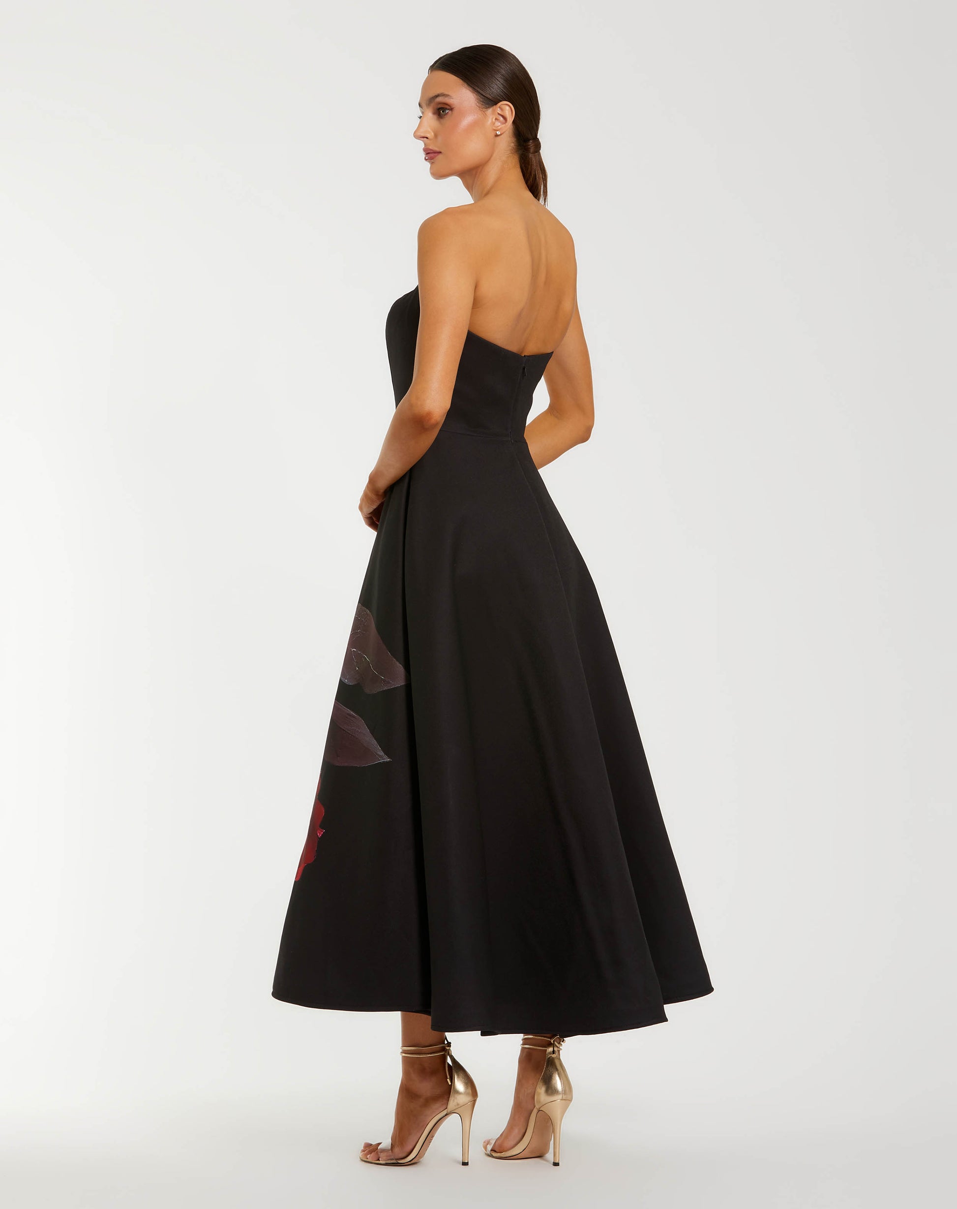 Black Crepe Printed Strapless Midi Dress With Pockets - Ieena for Mac Duggal