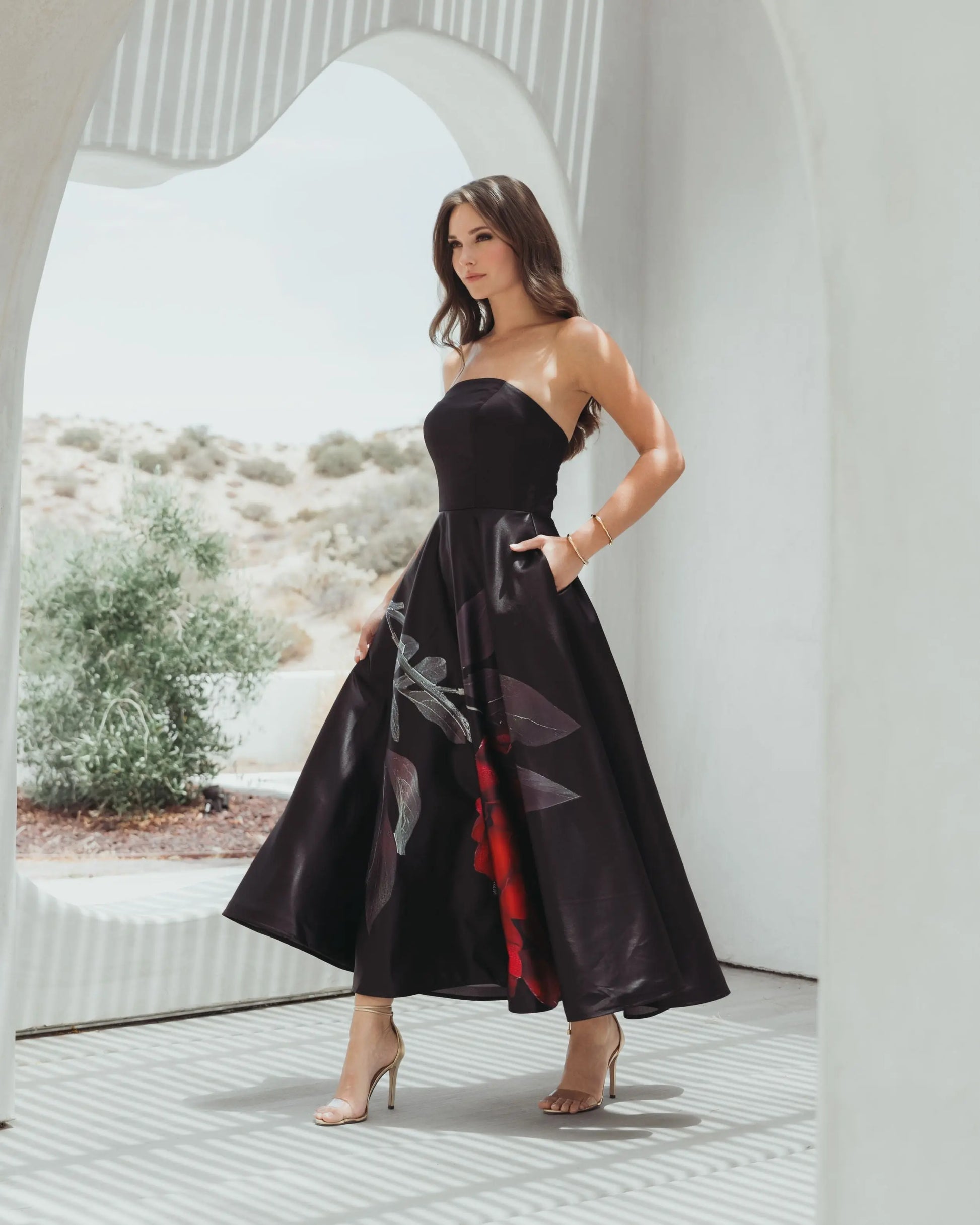 Mac Duggal Crepe Printed Strapless Midi Dress - Black Rose Mac Duggal Crepe Printed Strapless Midi Dress - Black Rose