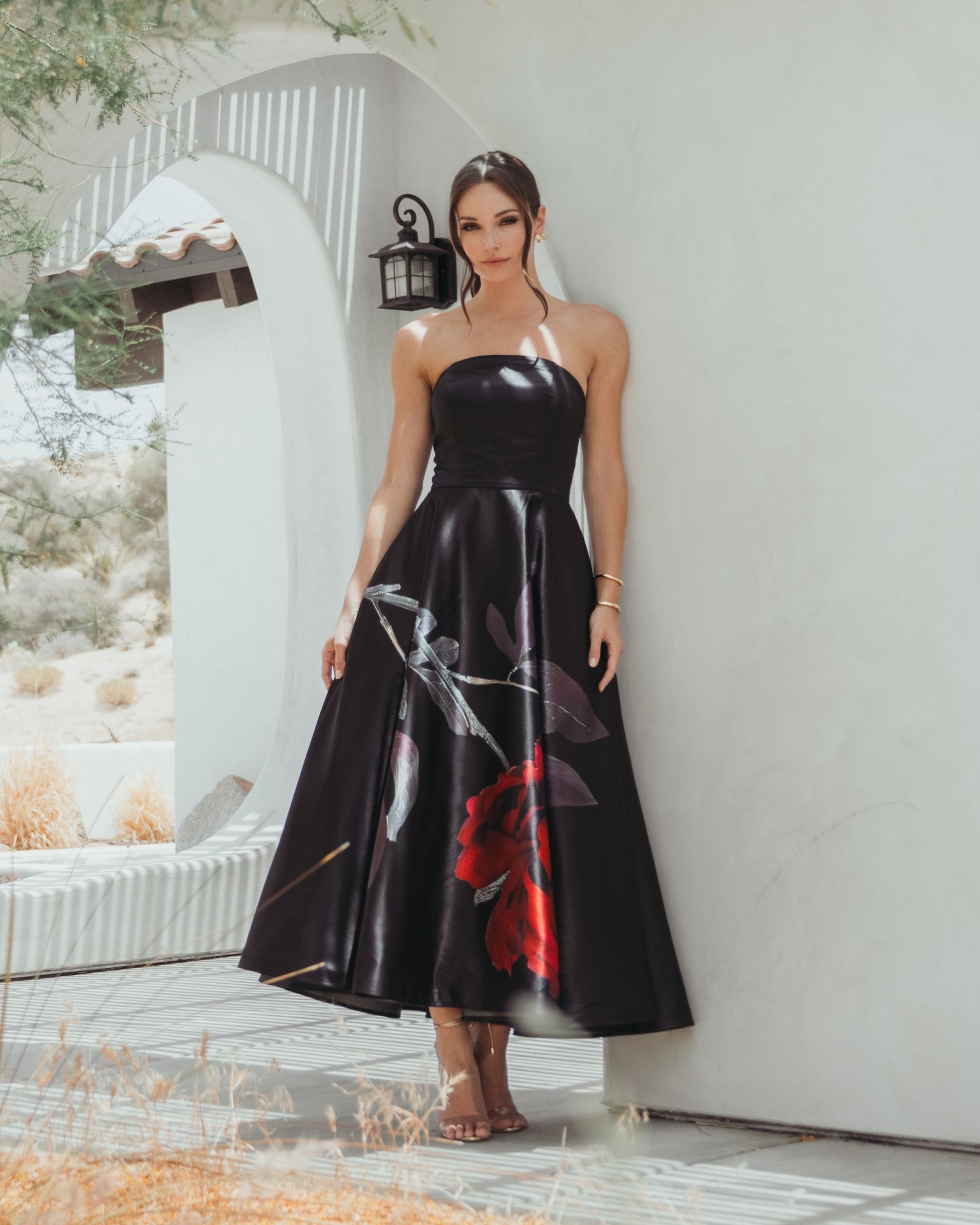 Black Crepe Printed Strapless Midi Dress With Pockets - Ieena for Mac Duggal