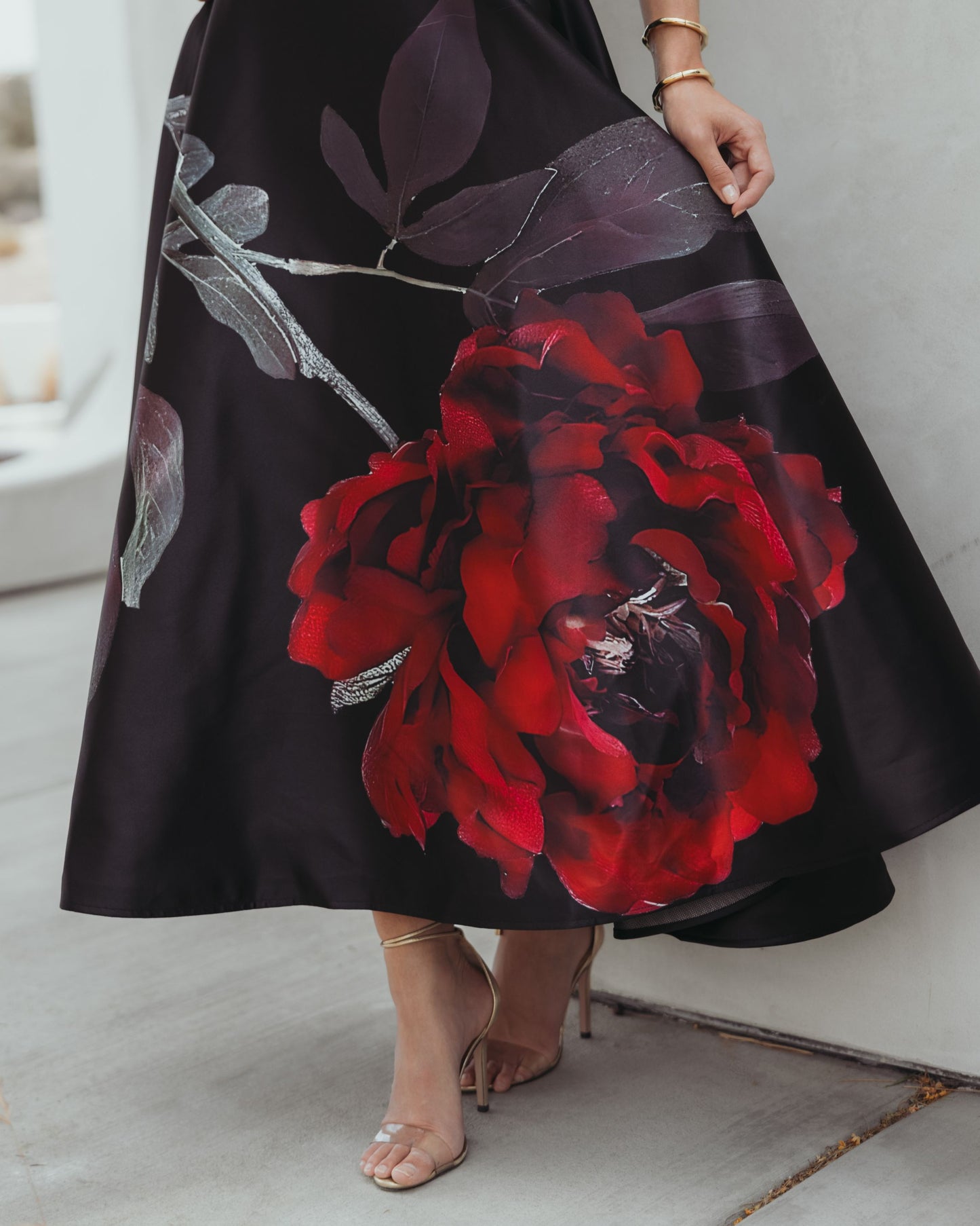 Black Crepe Printed Strapless Midi Dress With Pockets - Ieena for Mac Duggal