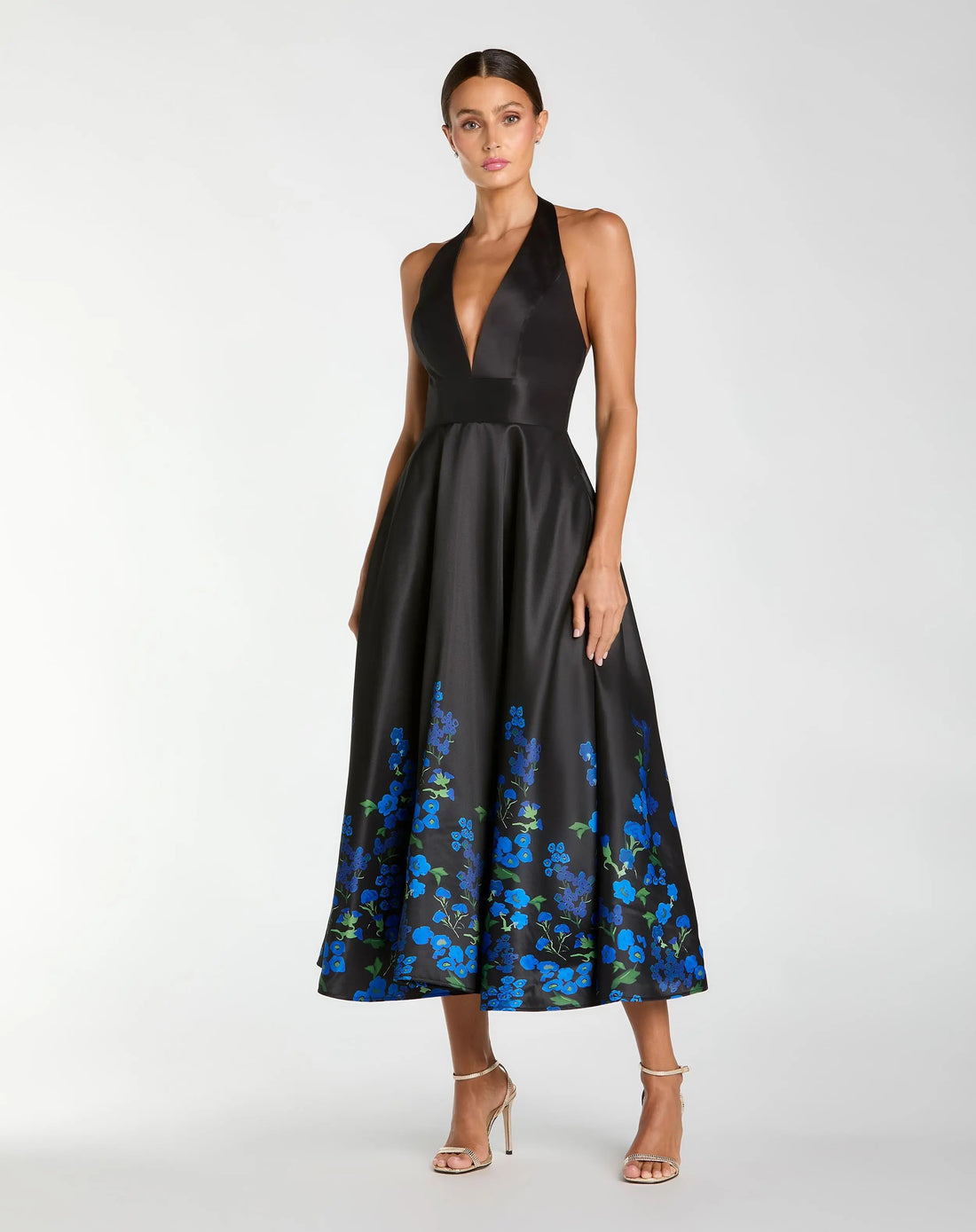 Black Halter Neck Floral Printed Satin Midi Dress | Mac Duggal Black Halter Neck Floral Printed Satin Midi Dress | Mac Duggal