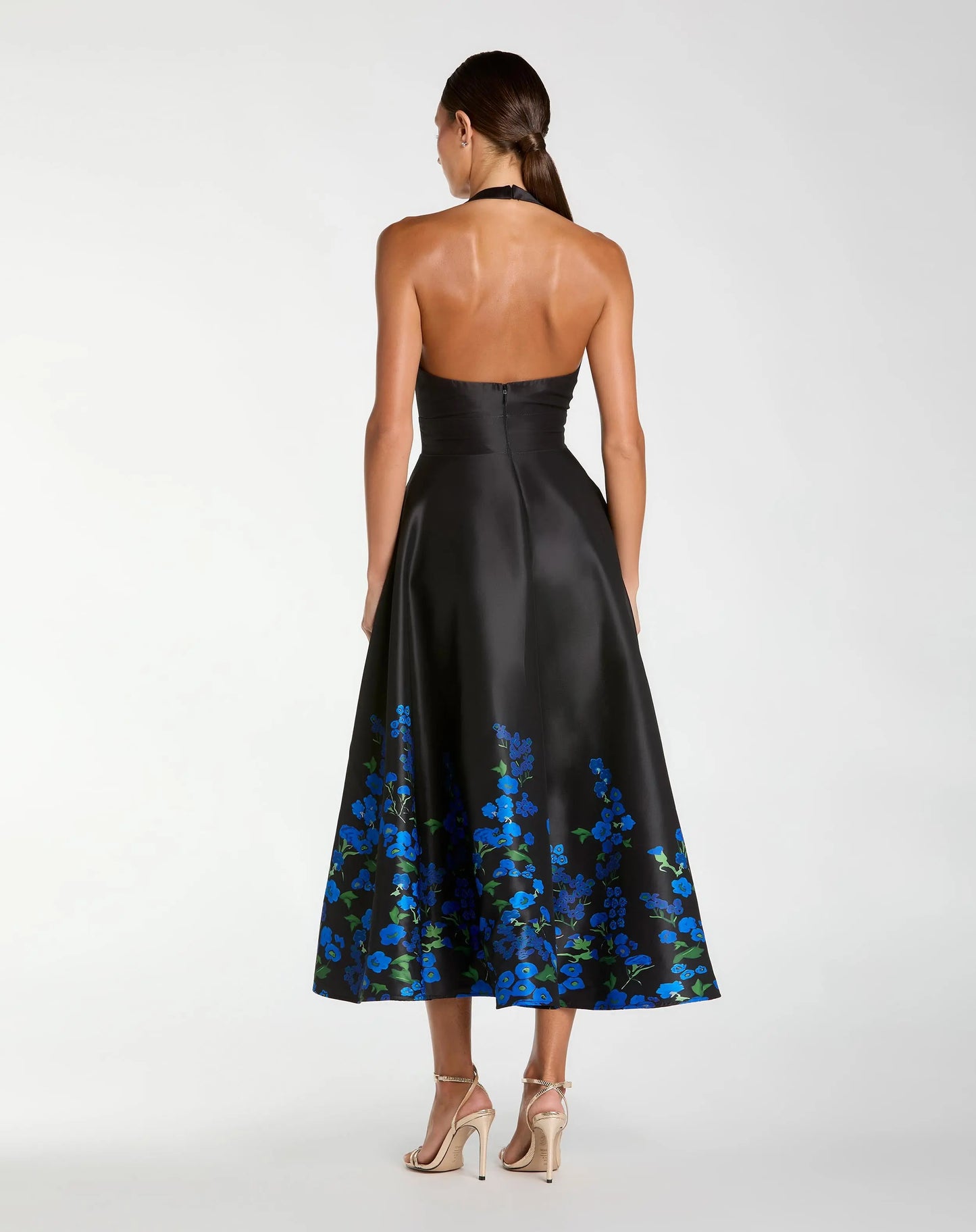 Black Halter Neck Floral Printed Satin Midi Dress | Mac Duggal Black Halter Neck Floral Printed Satin Midi Dress | Mac Duggal