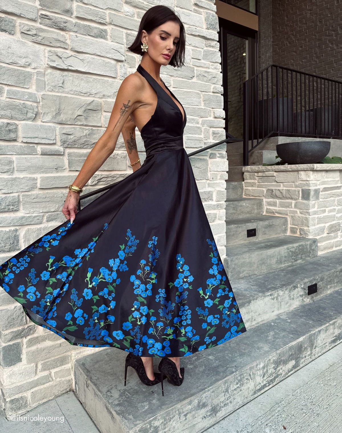 Black Halter Neck Floral Printed Satin Midi Dress - Ieena for Mac Duggal