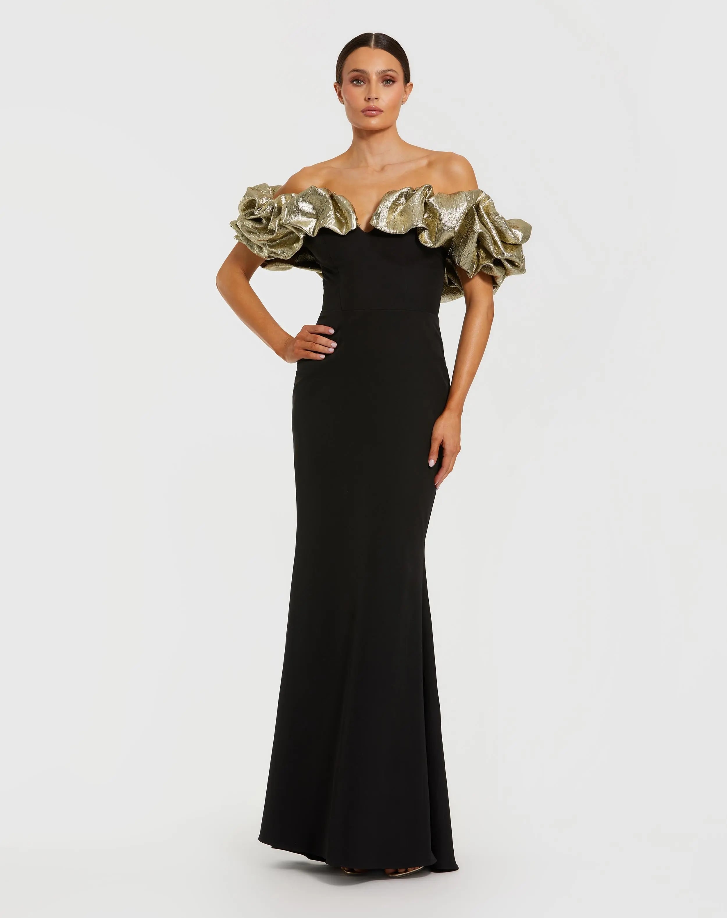 Black Crepe Mermaid Gown With Off The Shoulder Ruffle - Ieena for Mac Duggal