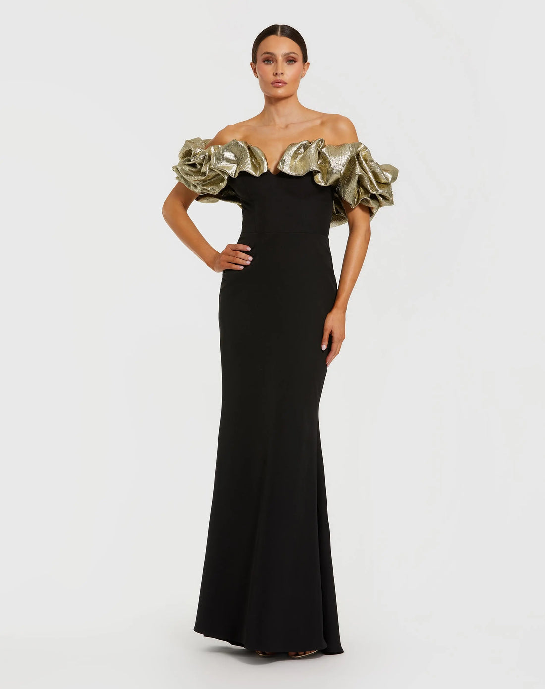 Black Mermaid Gown With Off The Shoulder Ruffle Detail | Mac Duggal Black Mermaid Gown With Off The Shoulder Ruffle Detail | Mac Duggal
