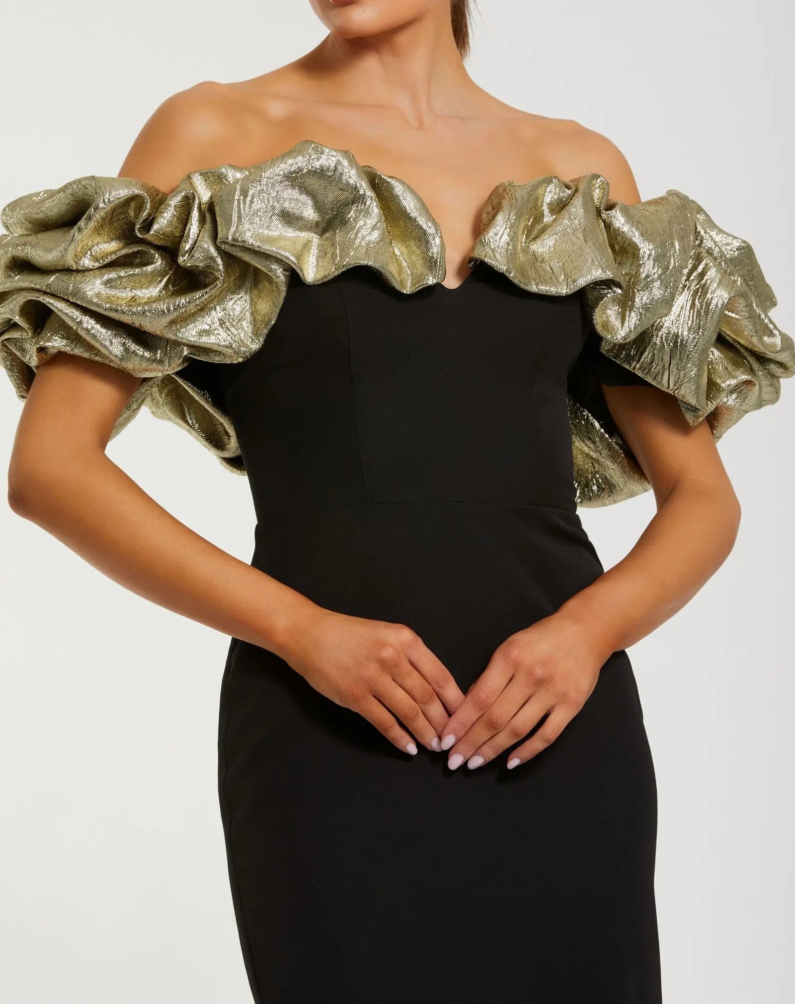 Black Mermaid Gown With Off The Shoulder Ruffle Detail | Mac Duggal