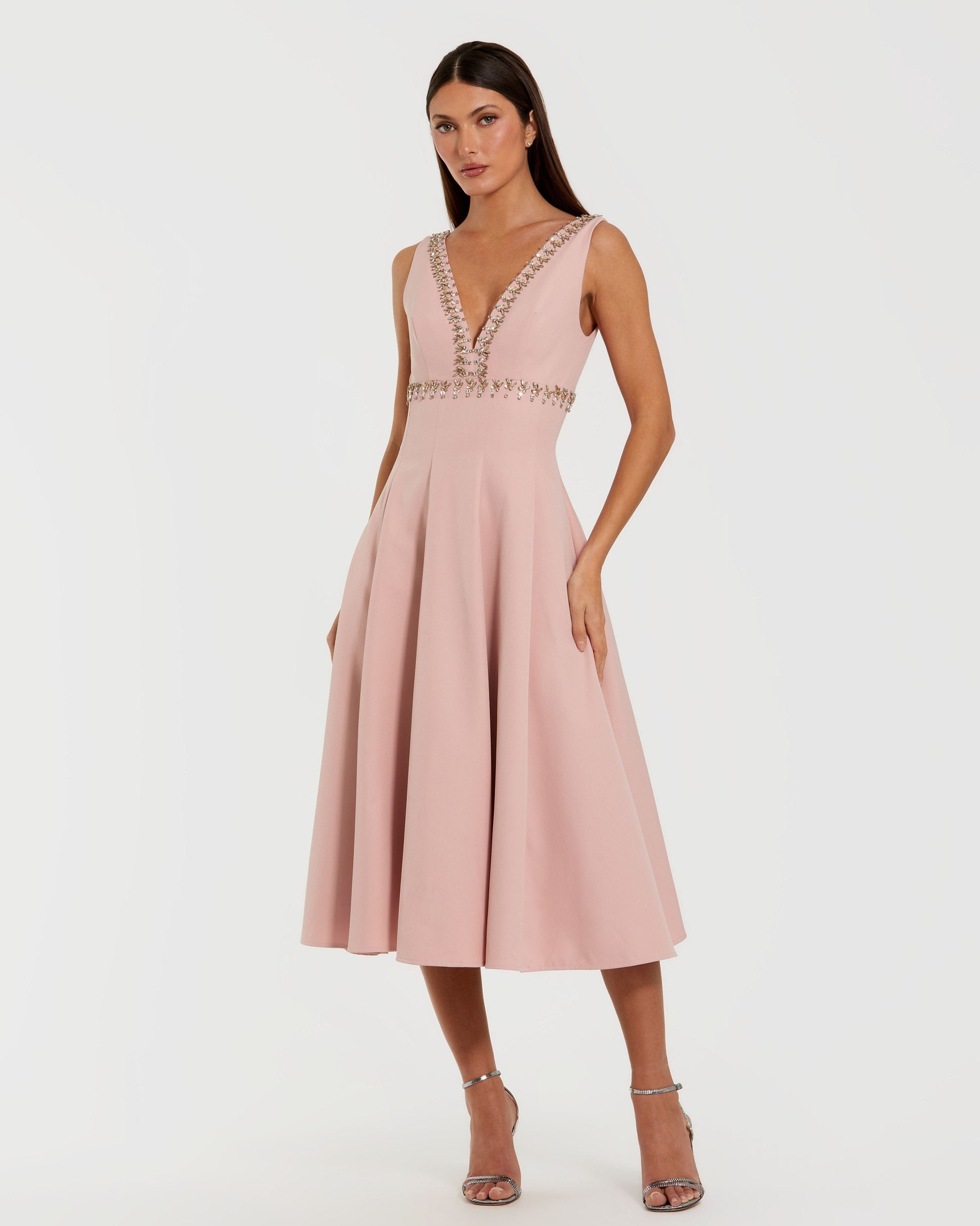 Pink Rhinestone Embellished Crepe A Line Midi Dress - Ieena for Mac Duggal