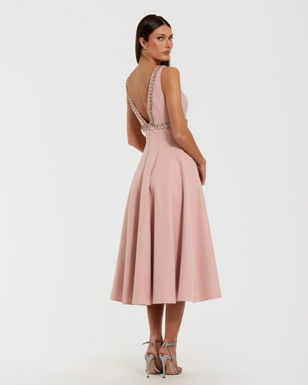 Pink Rhinestone Embellished Crepe A Line Midi Dress | Mac Duggal