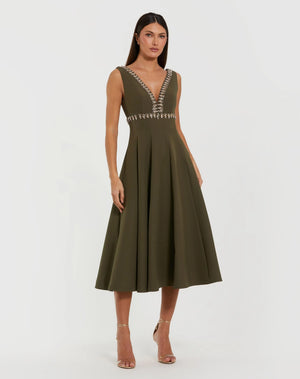 midi dress under 300 Mac Duggal Women's Rhinestone Embellished Crepe A Line Midi Dress