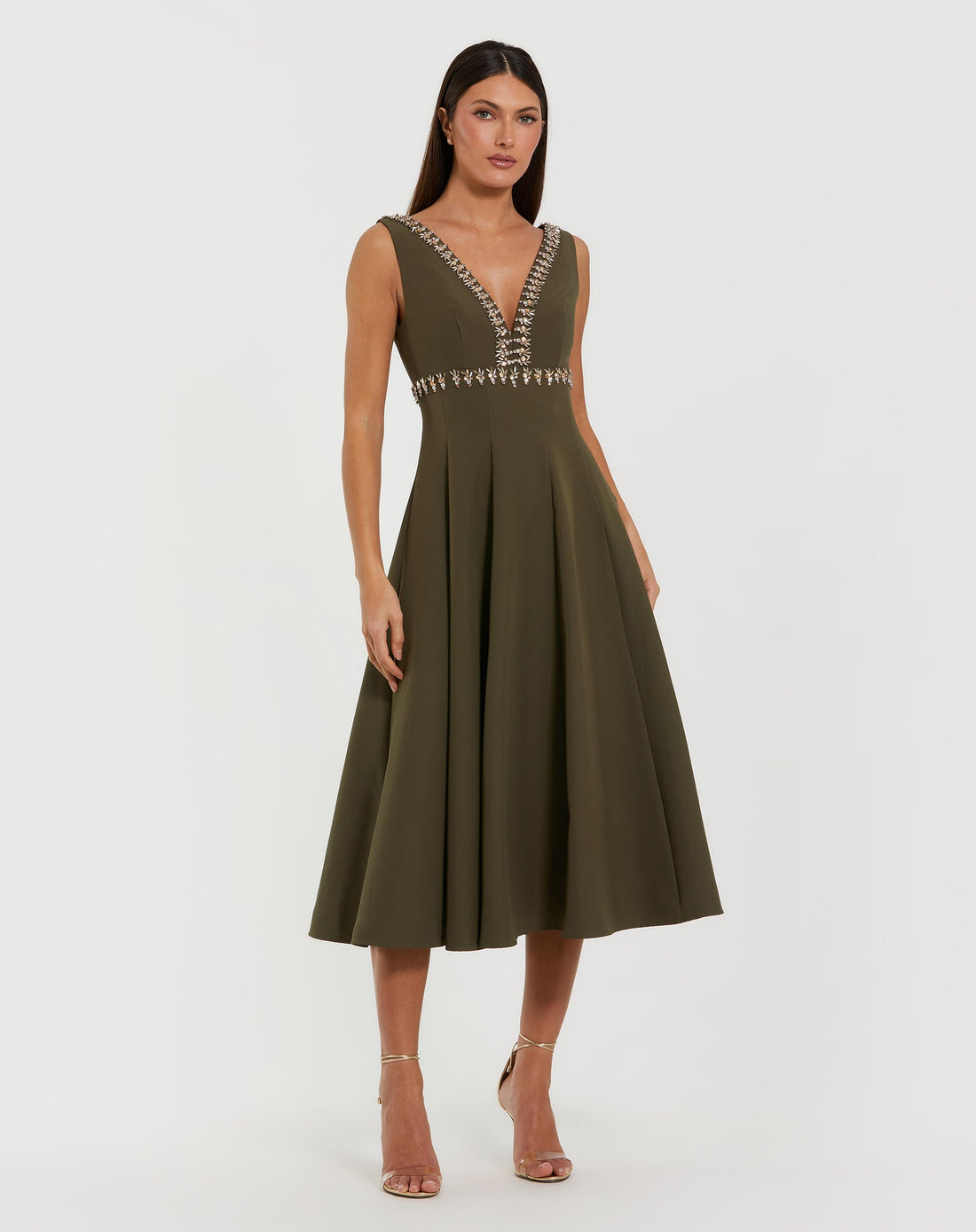 Green Rhinestone Embellished Crepe A Line Midi Dress - Ieena for Mac Duggal