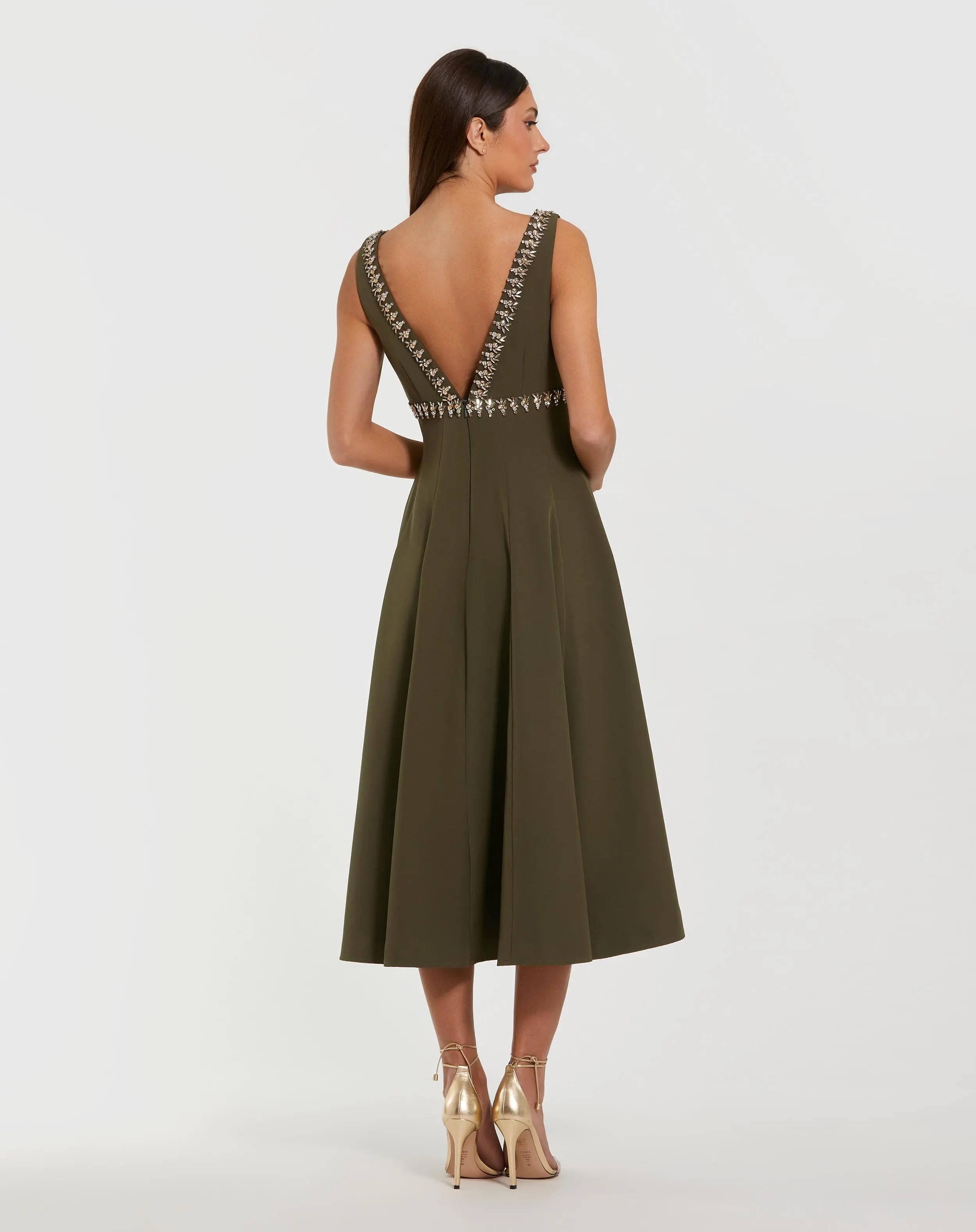 Mac Duggal Women's Rhinestone Embellished Crepe A Line Midi Dress - Olive