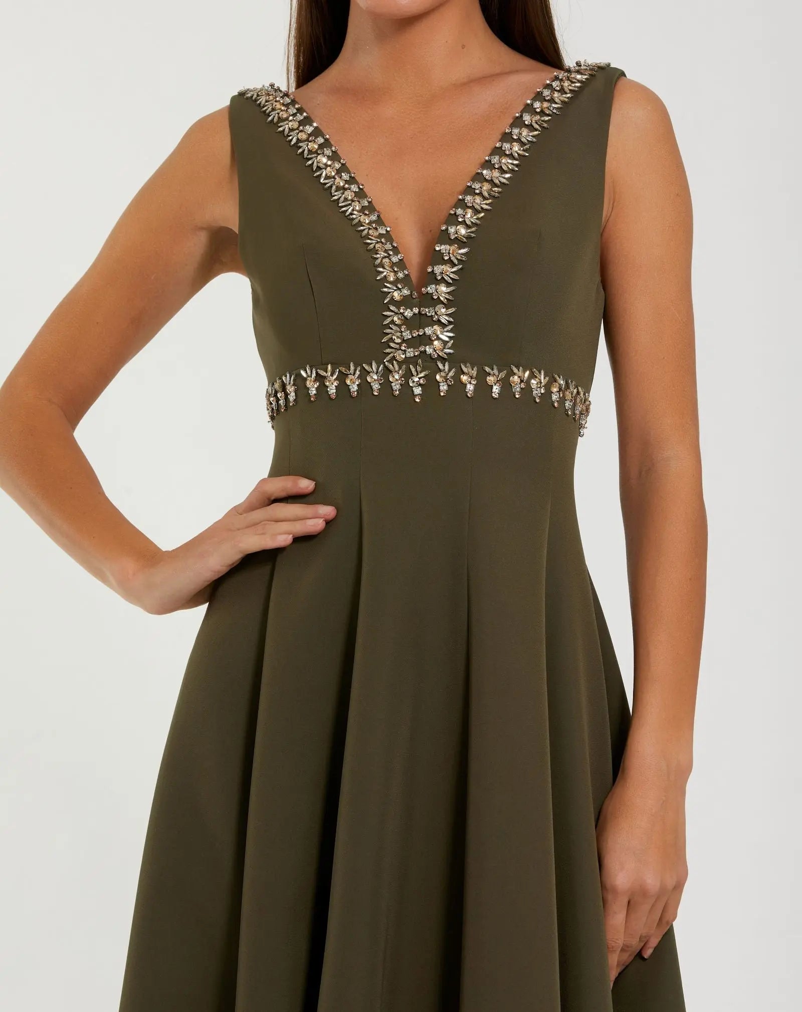 Mac Duggal Women's Rhinestone Embellished Crepe A Line Midi Dress - Olive Mac Duggal Women's Rhinestone Embellished Crepe A Line Midi Dress - Olive