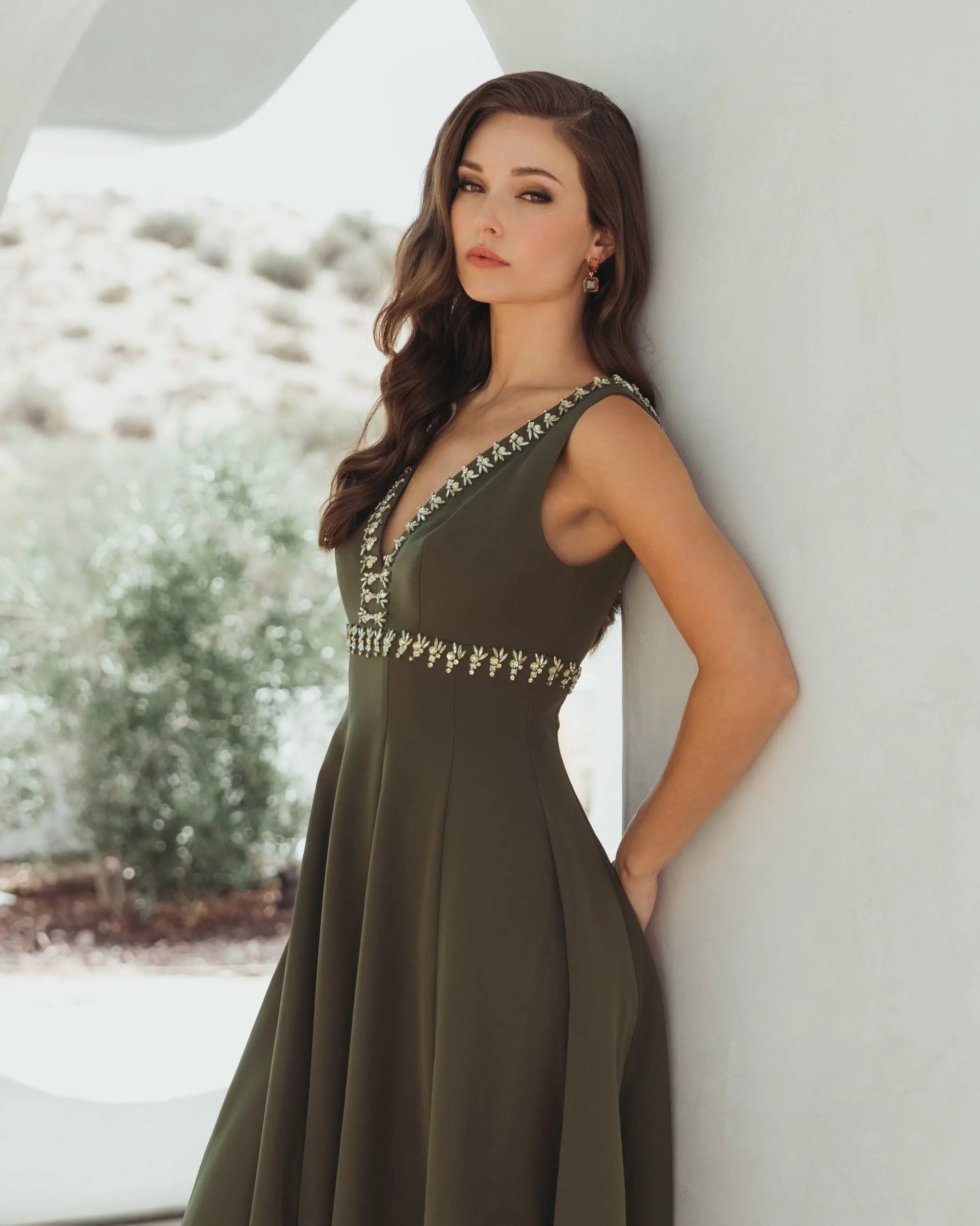 Green Rhinestone Embellished Crepe A Line Midi Dress | Mac Duggal Green Rhinestone Embellished Crepe A Line Midi Dress | Mac Duggal
