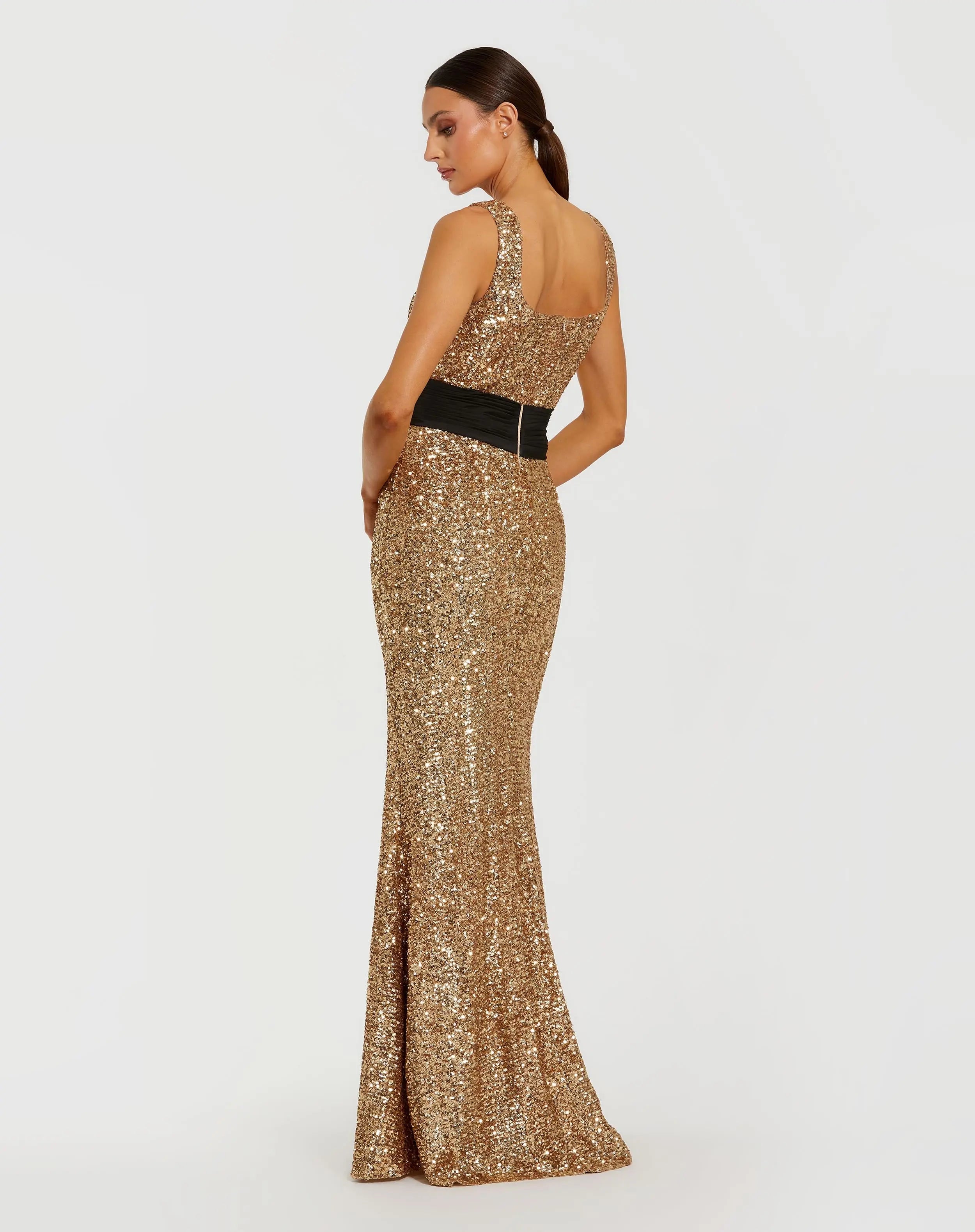 Gold Sequin Square Neck Column Gown With Faille Bow - Mac Duggal