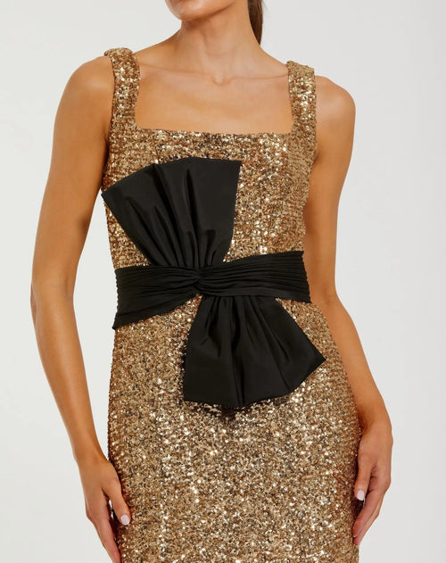 Gold Sequin Square Neck Column Gown With Faille Bow - Mac Duggal