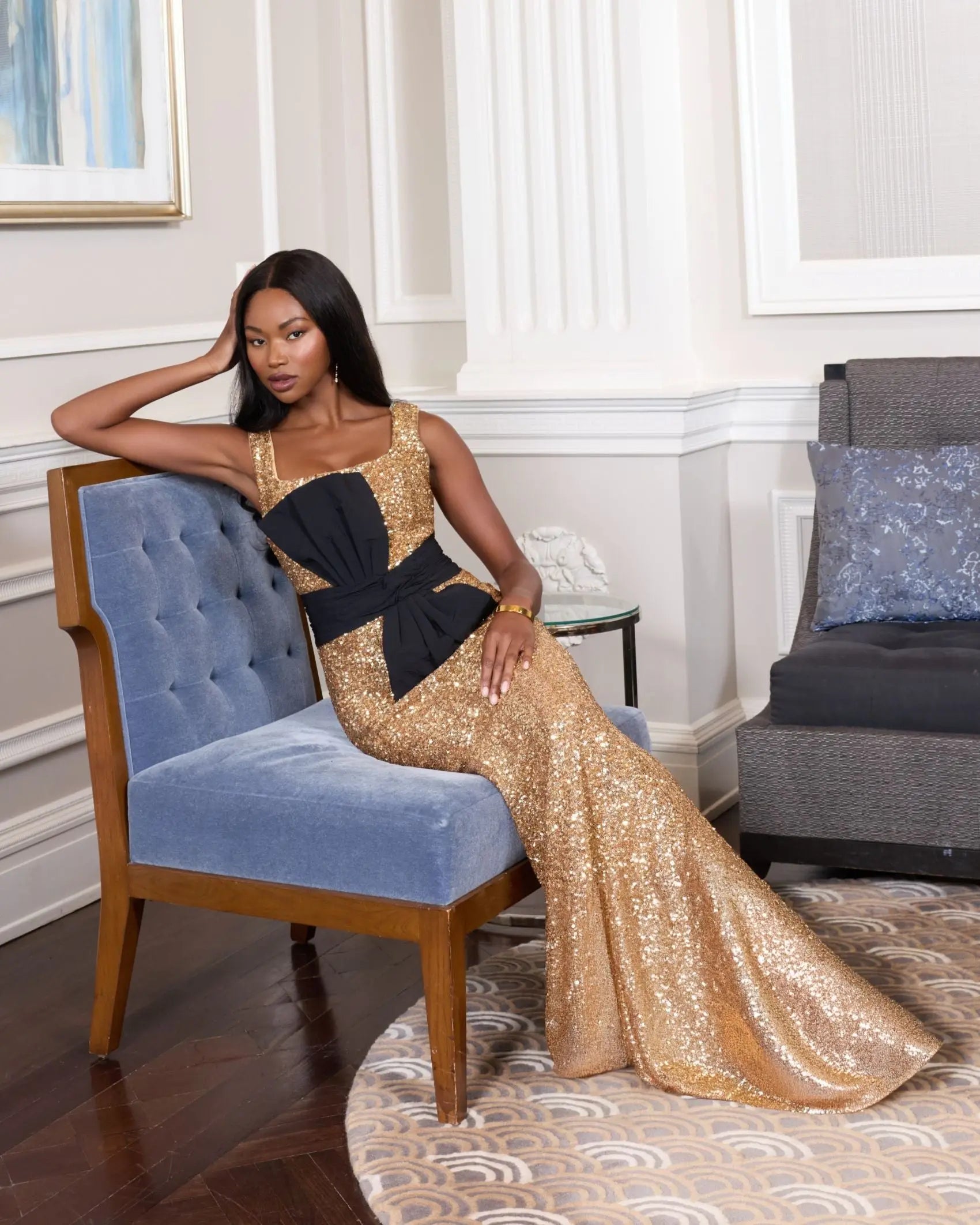 Ieena for Mac Duggal - Gold Sequin Square Neck Column Gown With Faille Bow - Black Gold / S Ieena for Mac Duggal - Gold Sequin Square Neck Column Gown With Faille Bow - Black Gold / S