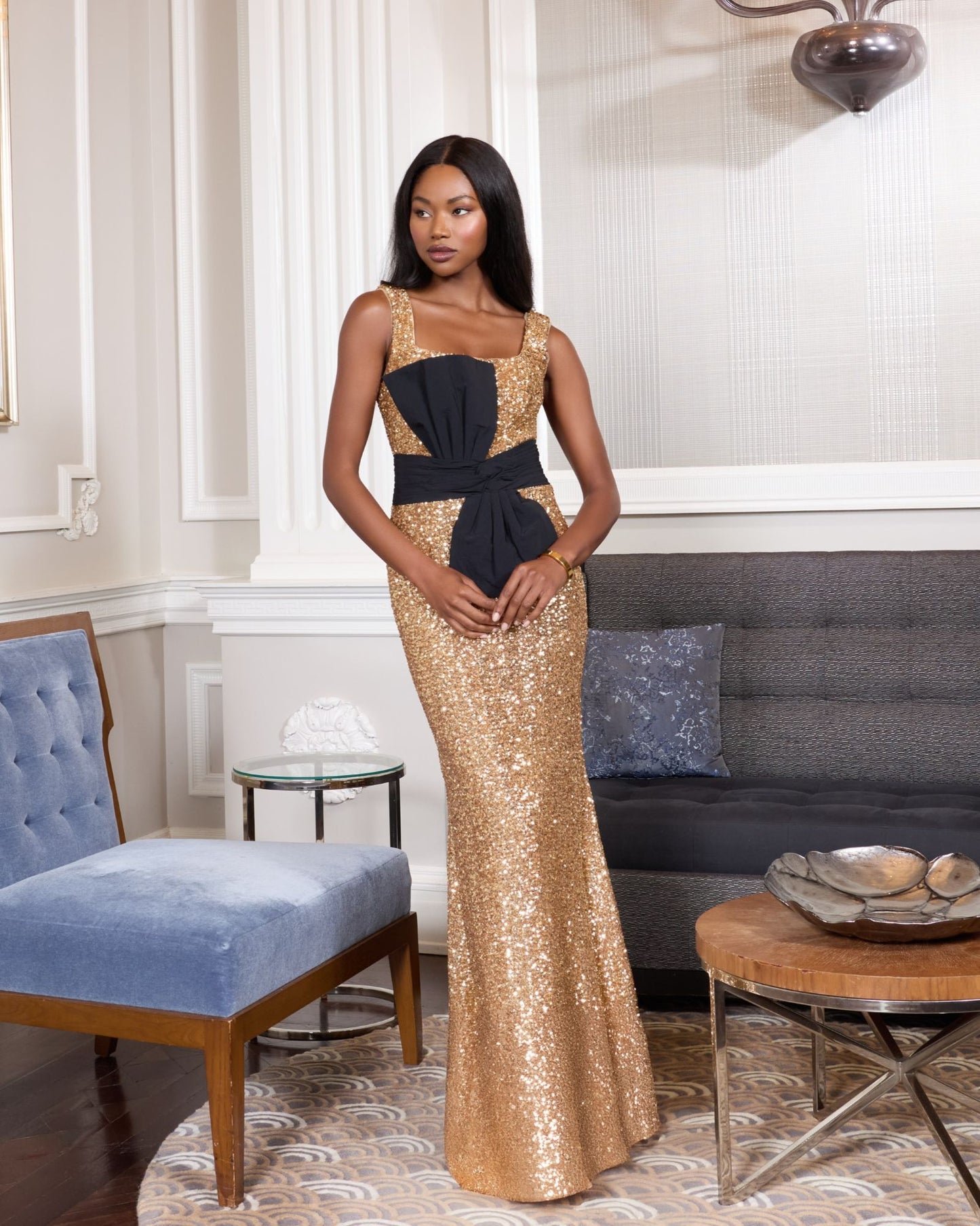 Gold Sequin Square Neck Column Gown With Faille Bow - Mac Duggal