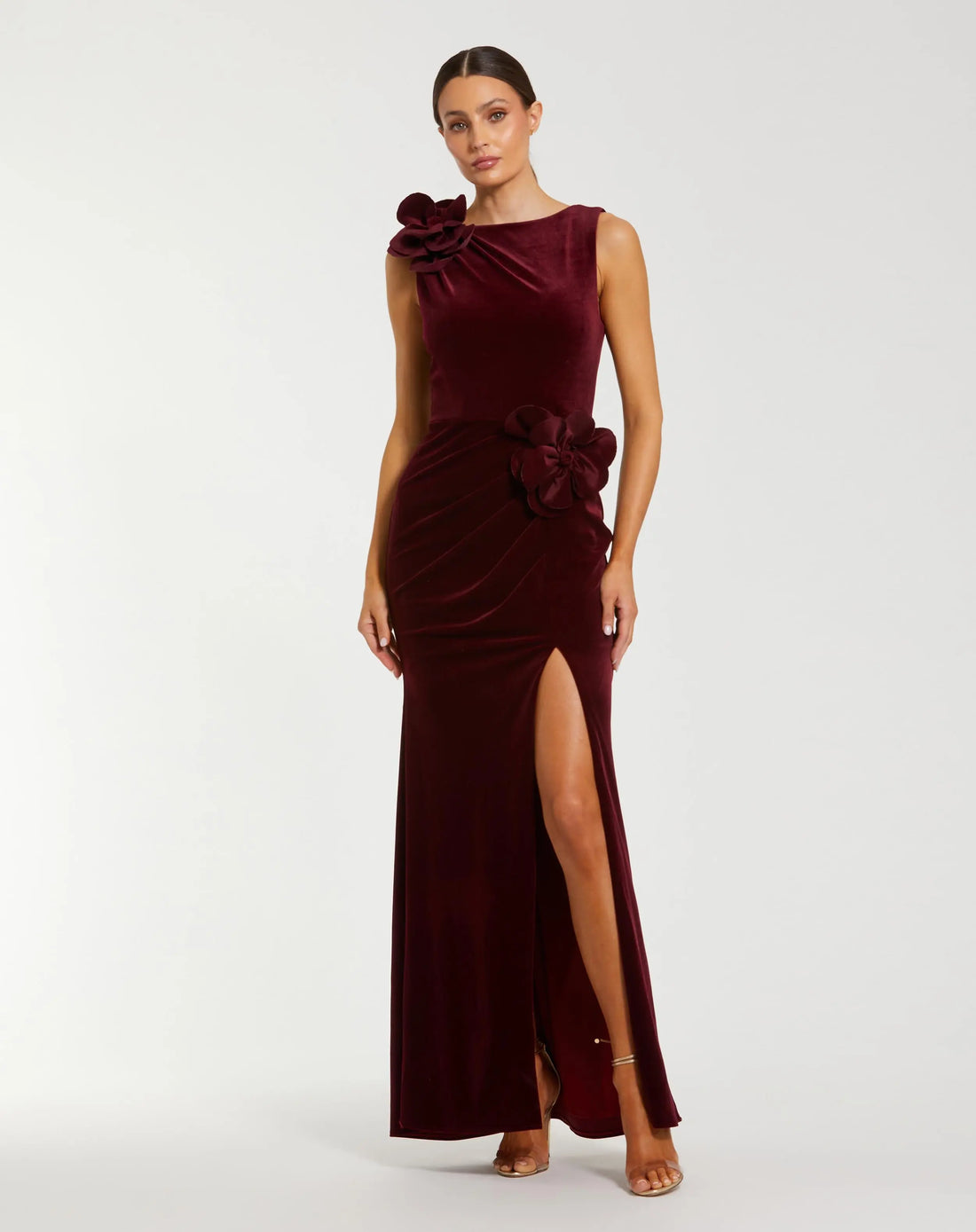 Red High Neck Velvet Column Gown With 3D Flowers | Mac Duggal Red High Neck Velvet Column Gown With 3D Flowers | Mac Duggal