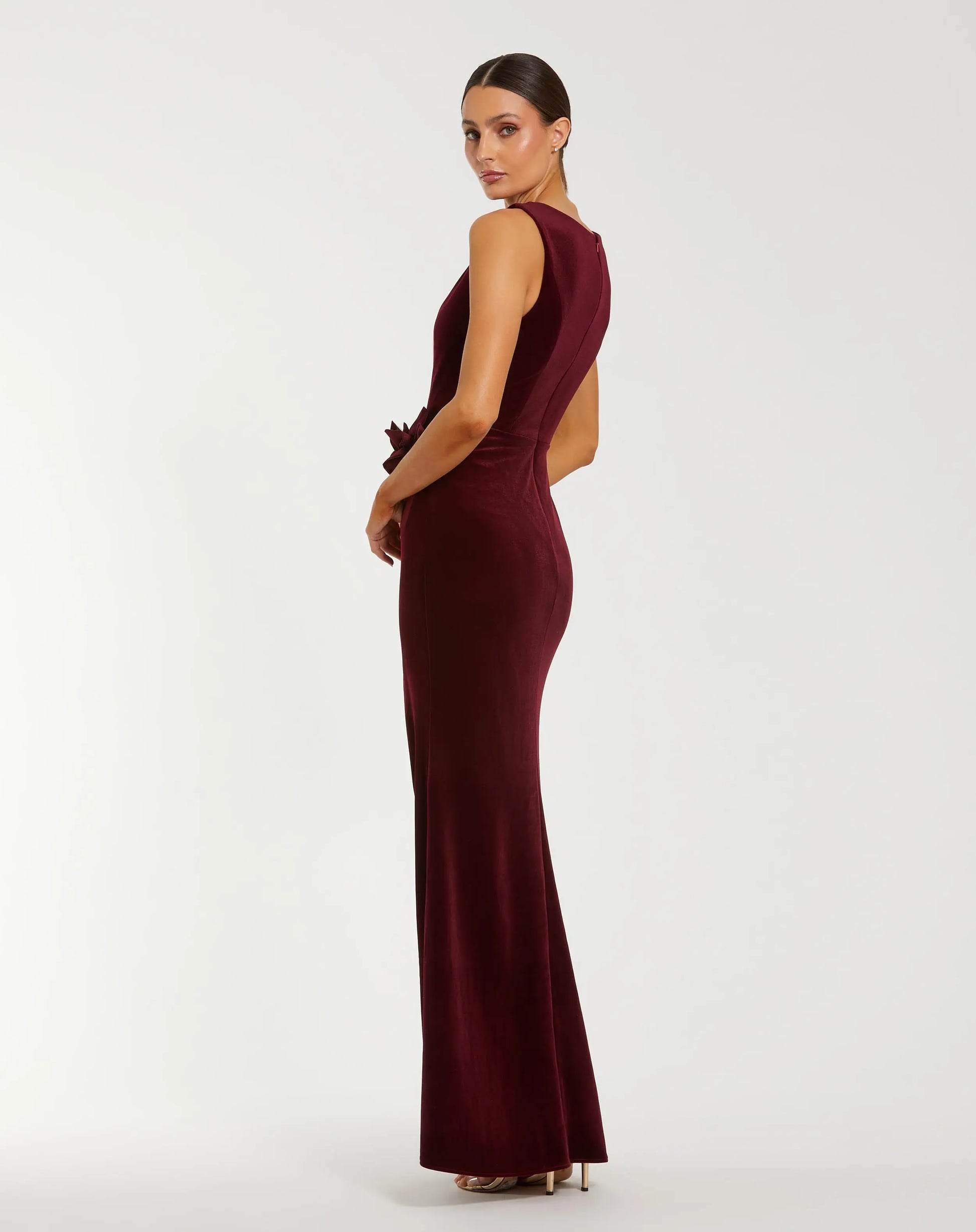Red High Neck Velvet Column Gown With 3D Flowers | Mac Duggal Red High Neck Velvet Column Gown With 3D Flowers | Mac Duggal