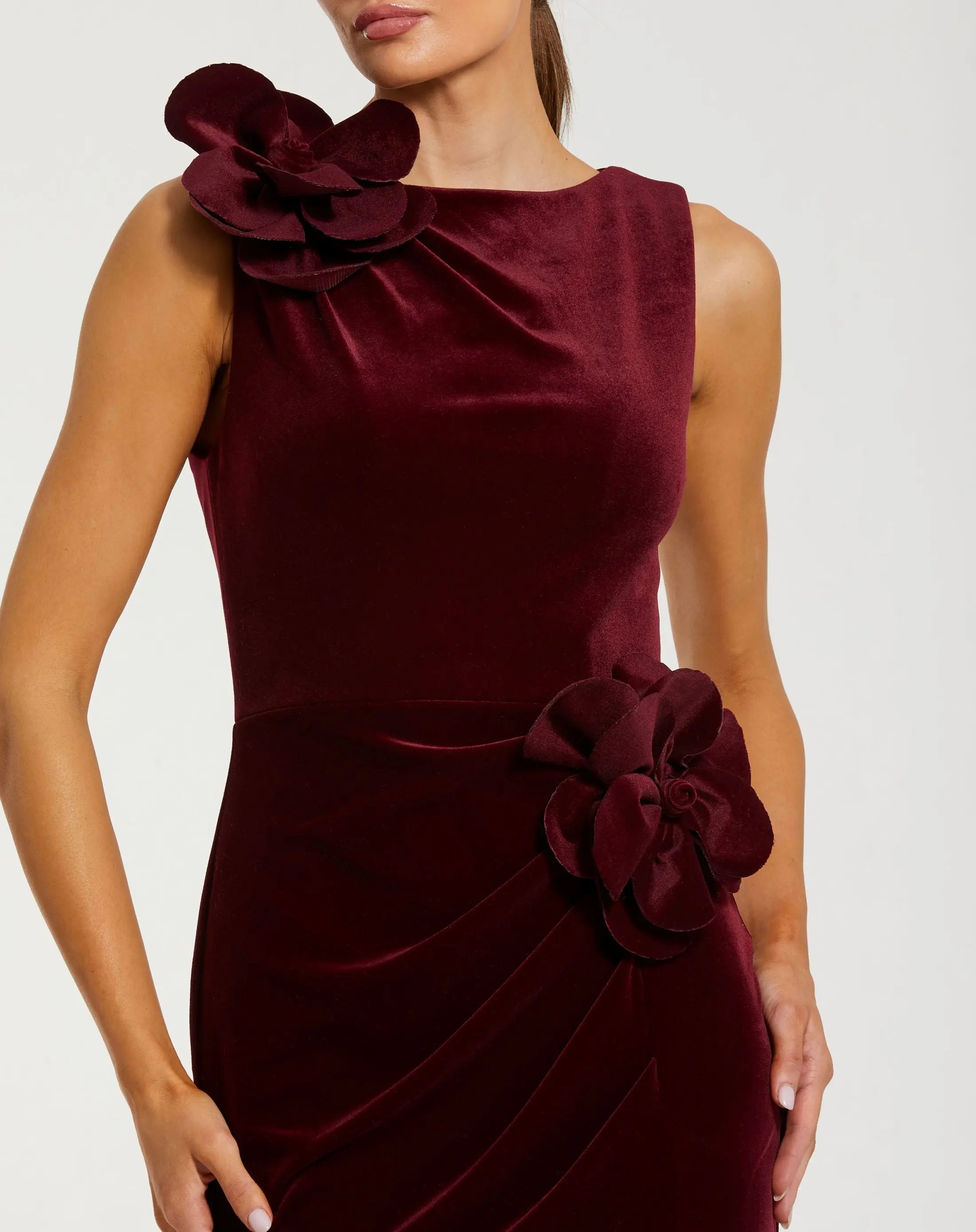Dark Red High Neck Velvet Column Gown With 3D Flowers - Ieena for Mac Duggal