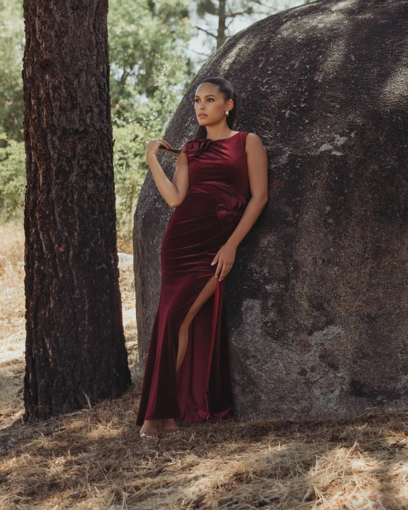 Dark Red High Neck Velvet Column Gown With 3D Flowers - Ieena for Mac Duggal