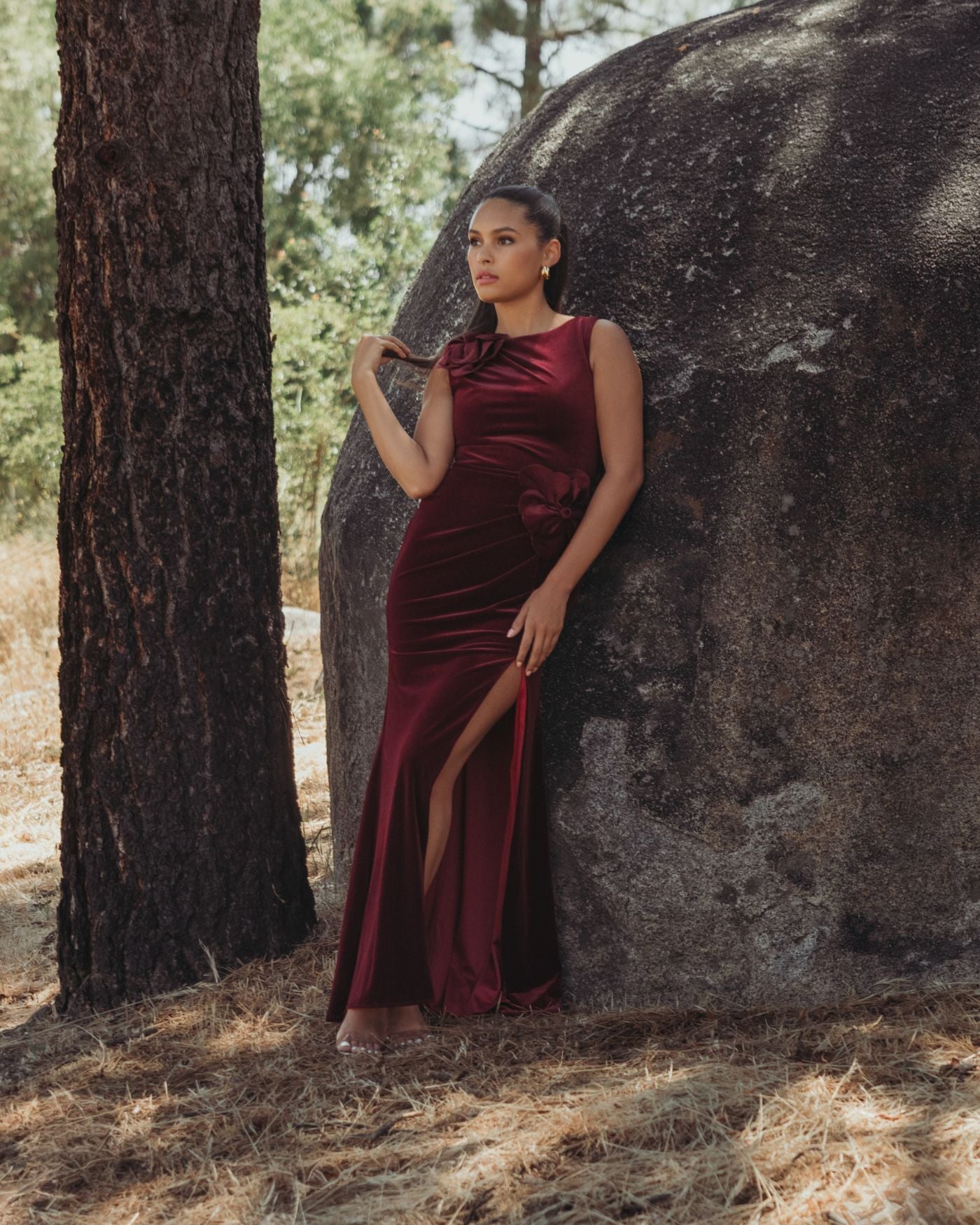 Dark Red High Neck Velvet Column Gown With 3D Flowers - Ieena for Mac Duggal