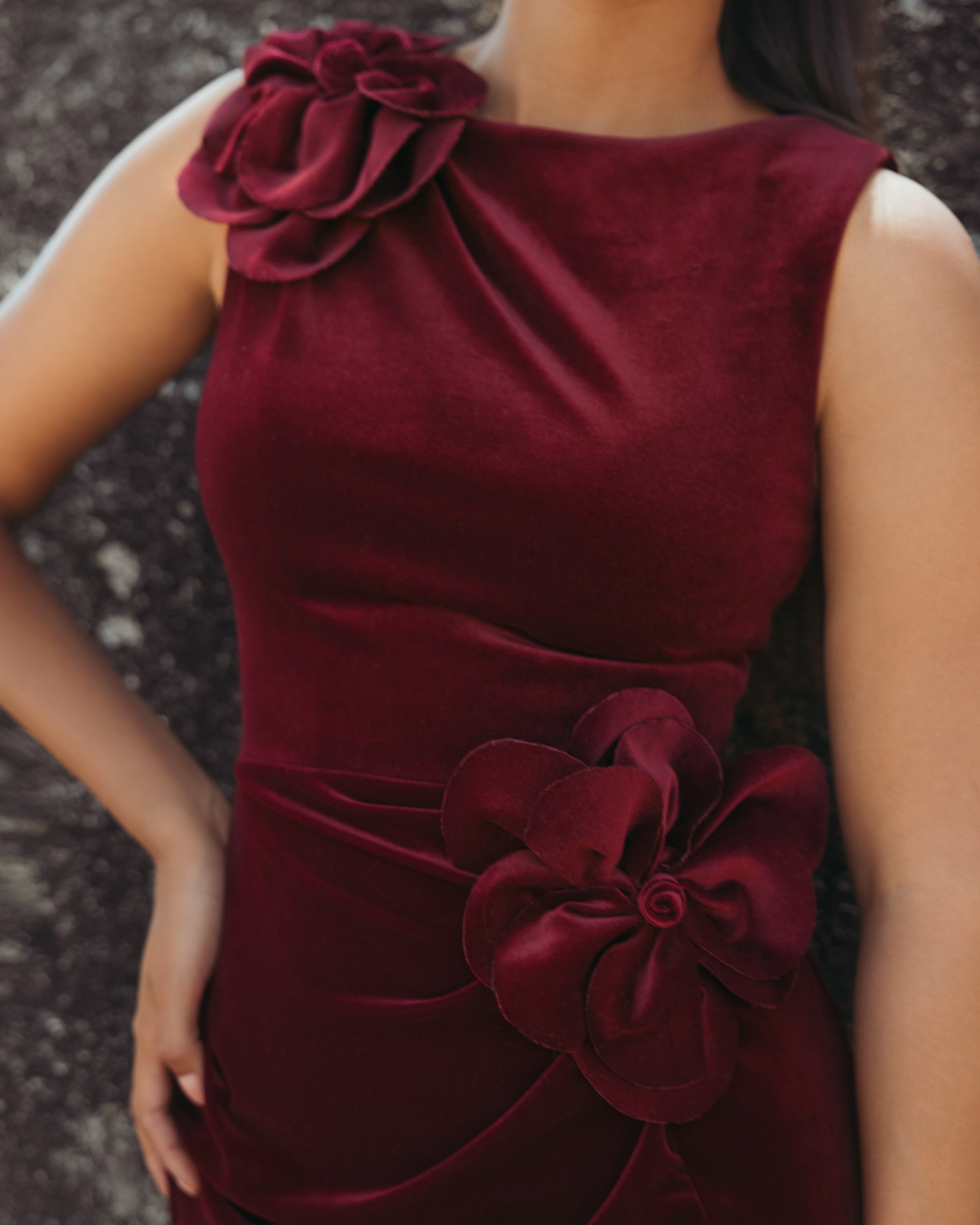 Dark Red High Neck Velvet Column Gown With 3D Flowers - Ieena for Mac Duggal
