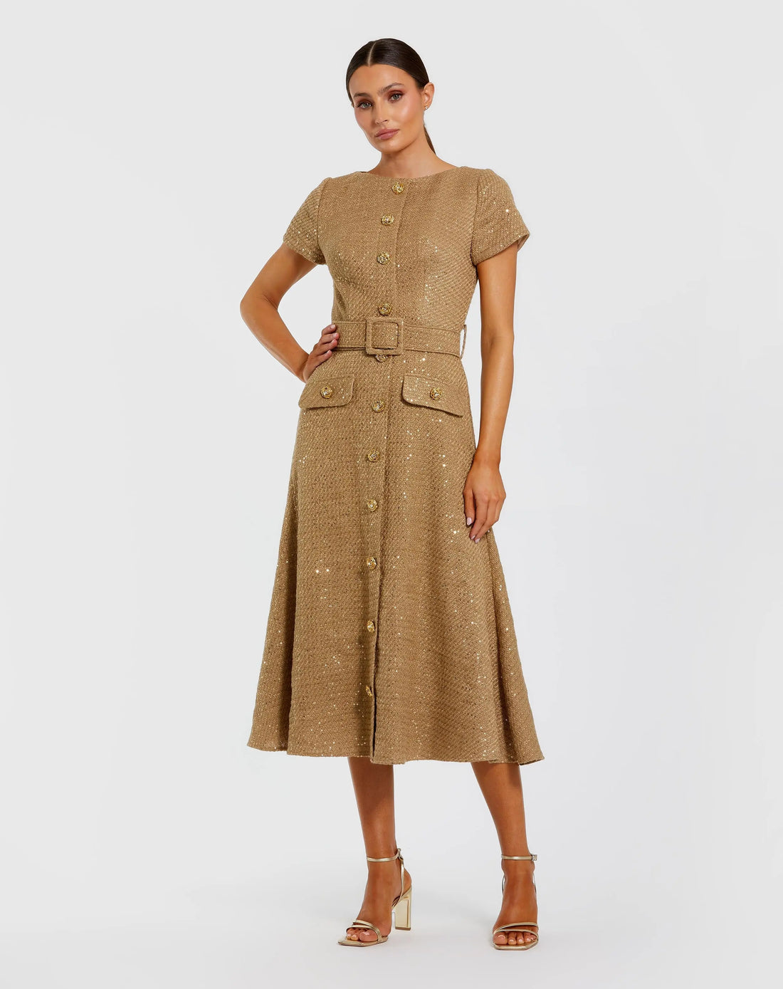 Gold Boucle Cap Sleeve High Neck Button Up Midi Dress Gold Boucle Cap Sleeve High Neck Button Up Midi Dress