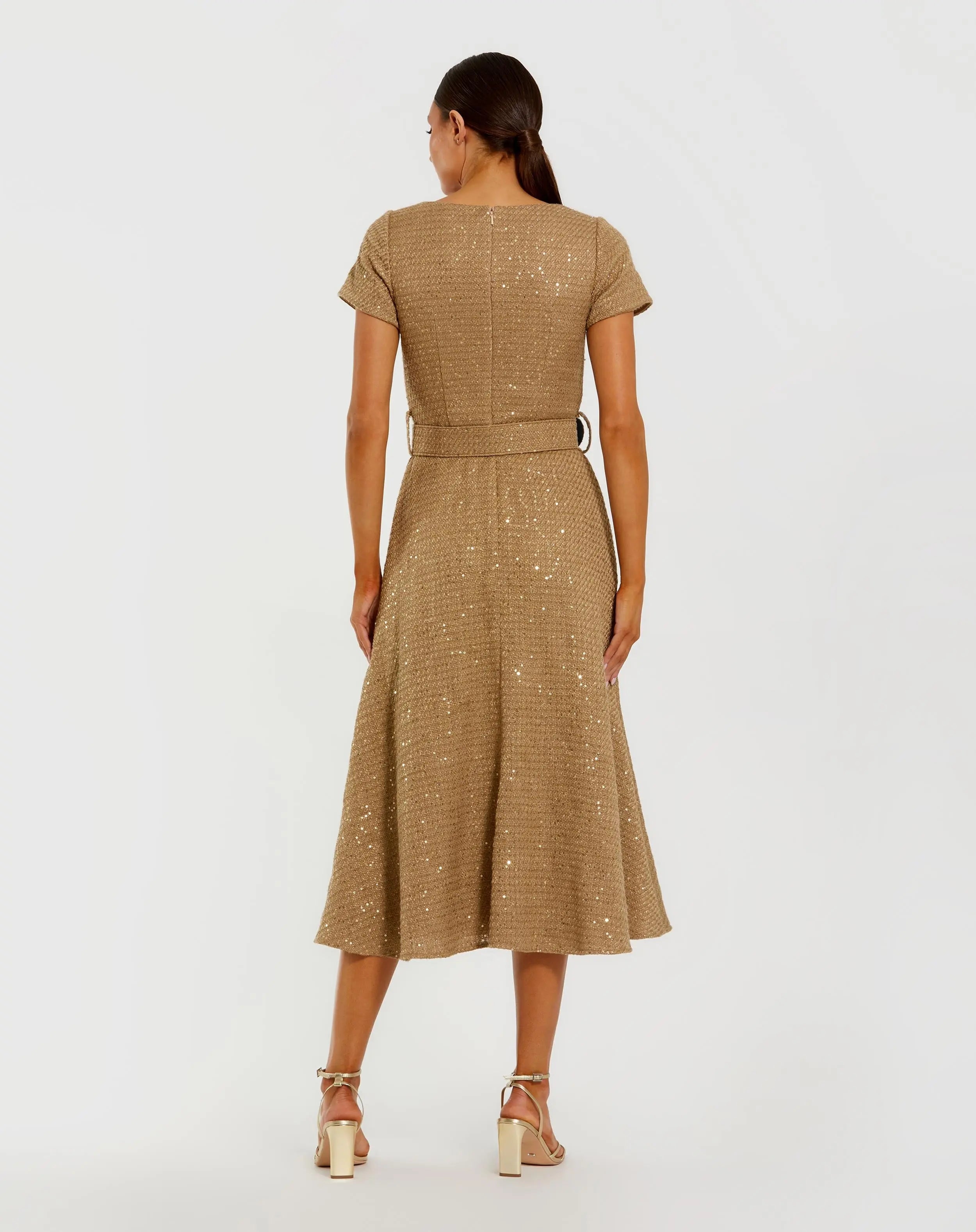 Gold Boucle Cap Sleeve High Neck Button Up Midi Dress - Ieena for Mac Duggal