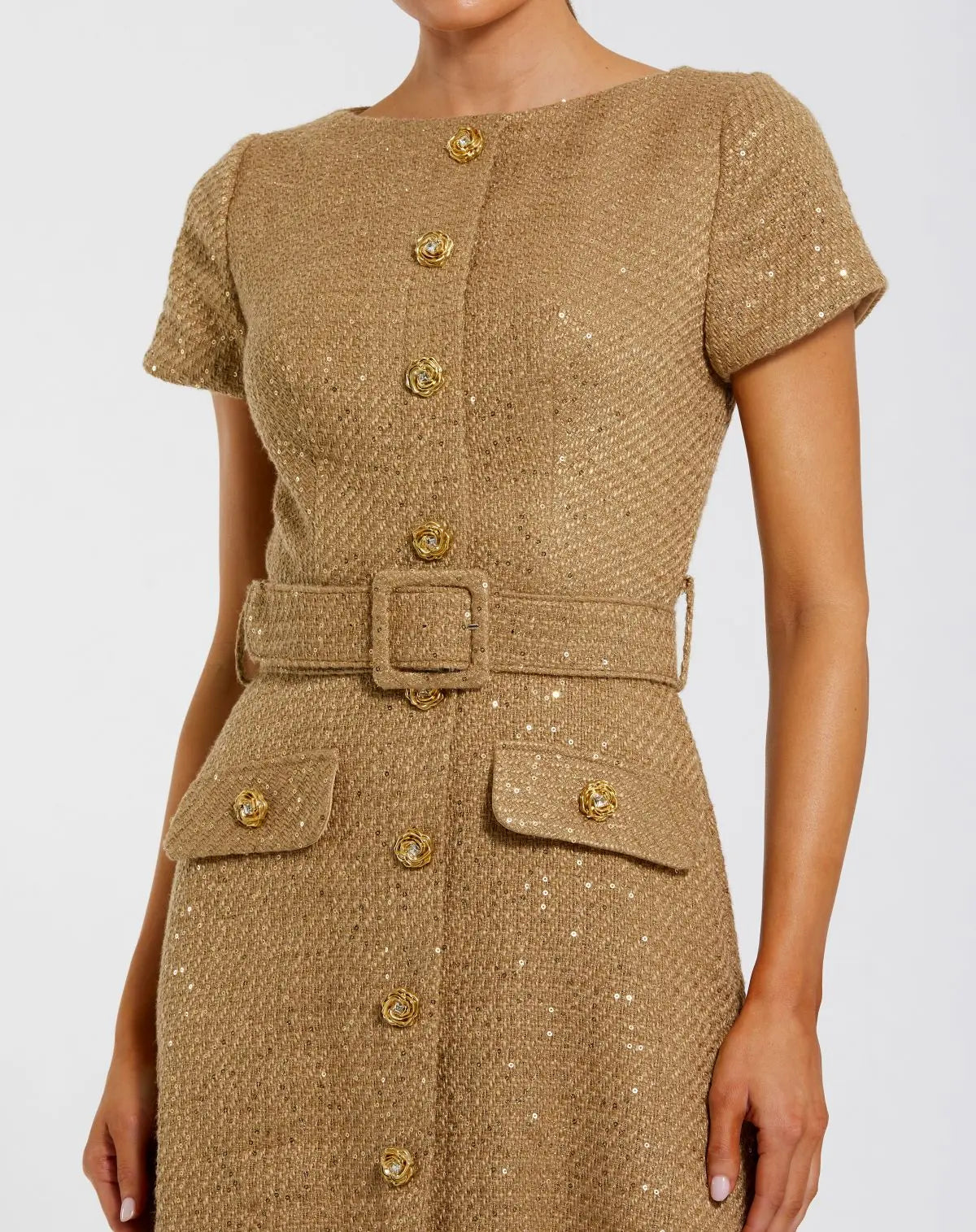 Gold Boucle Cap Sleeve High Neck Button Up Midi Dress - Ieena for Mac Duggal