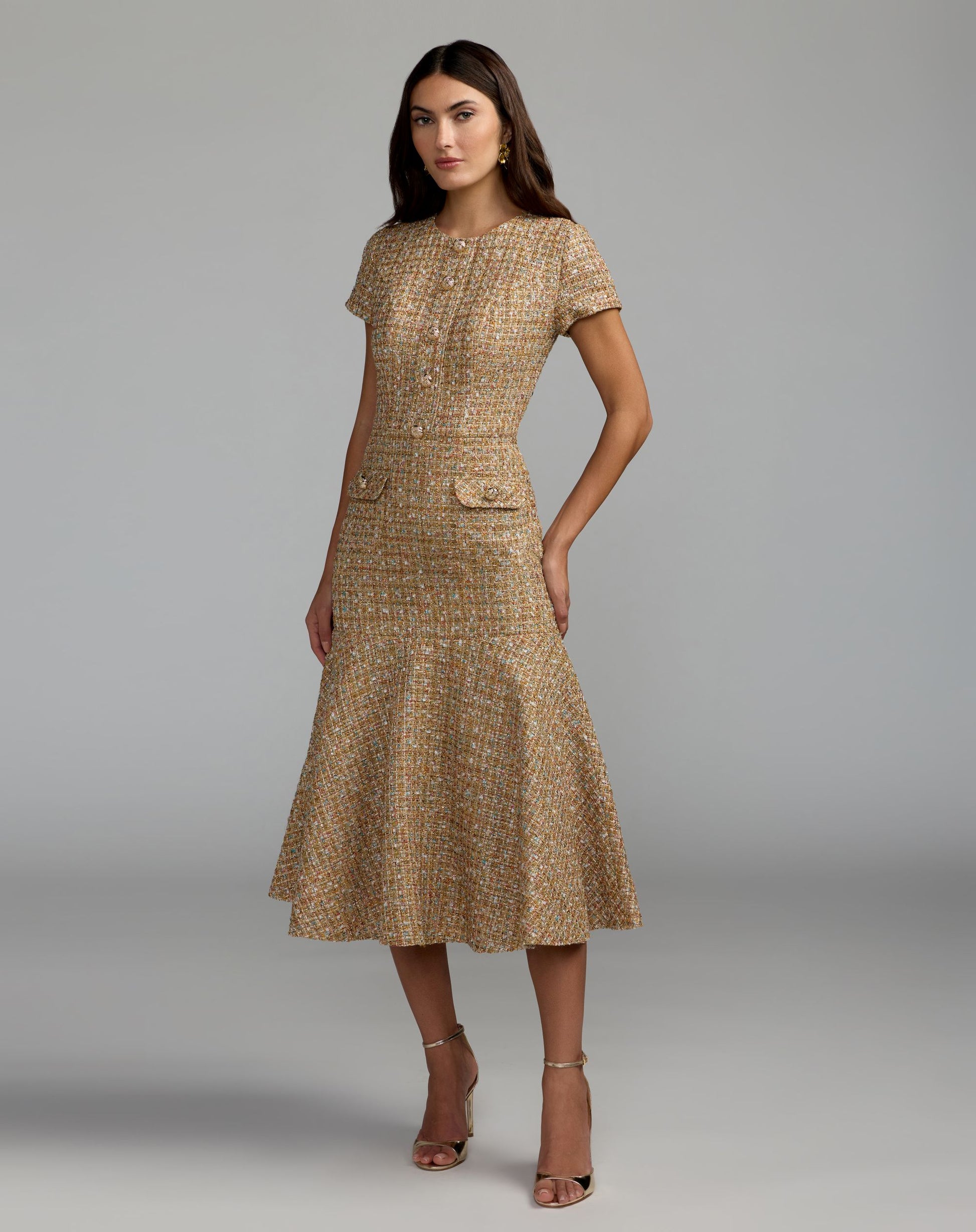 Beige High Neck Short Sleeve Boucle Midi Dress - Mac Duggal