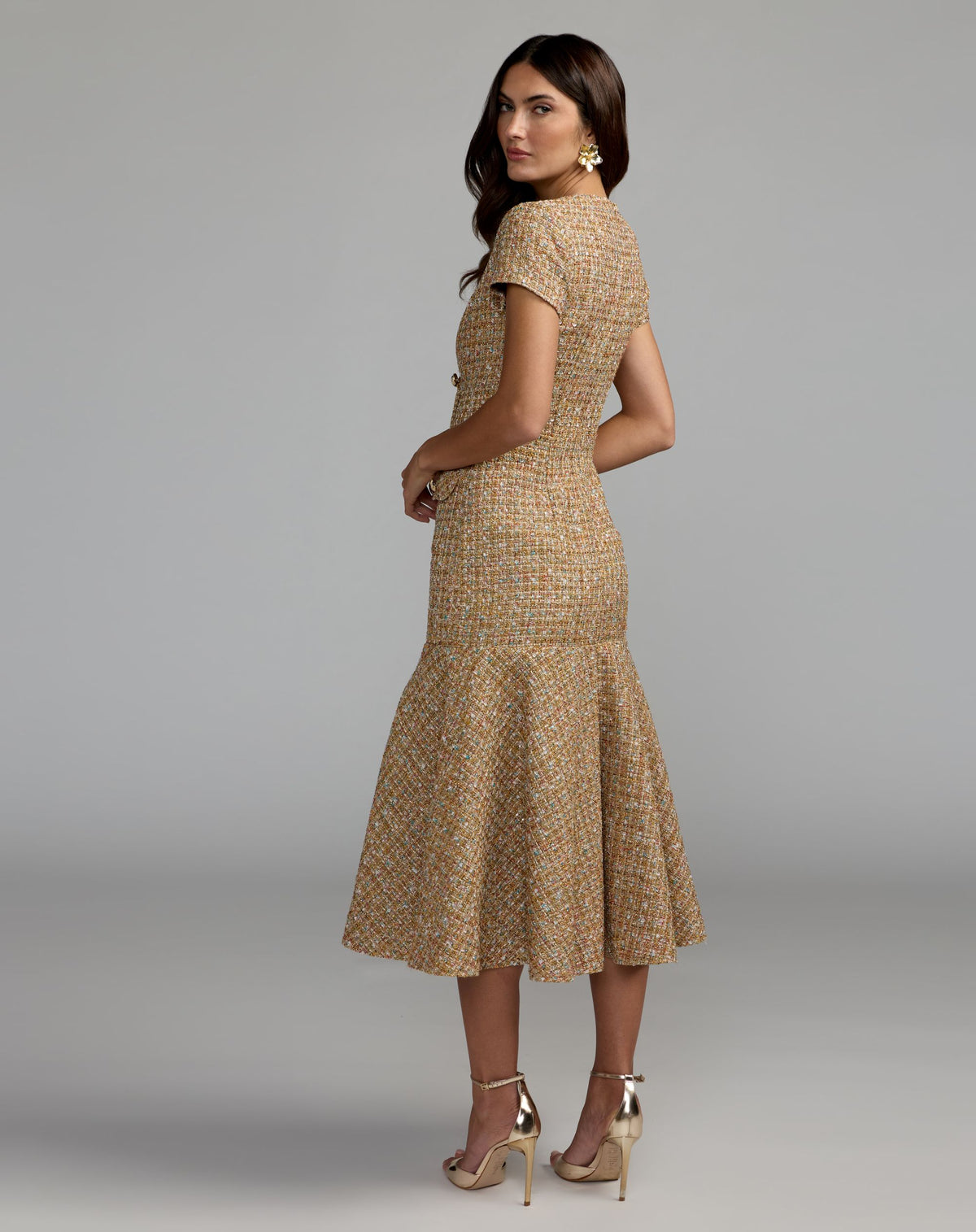 Beige High Neck Short Sleeve Boucle Midi Dress - Mac Duggal